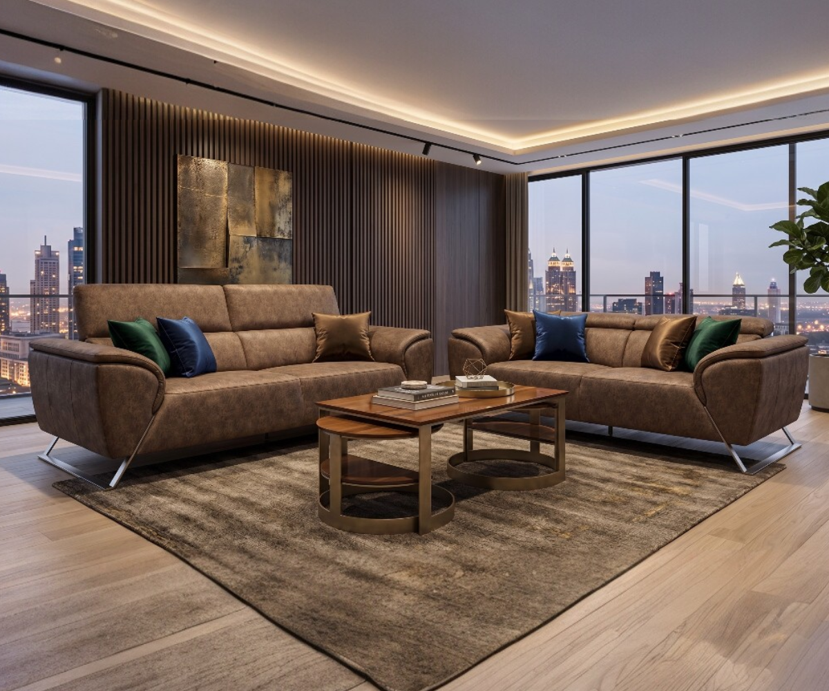 CALABRIA brown microfiber sofa set in a city-view living room