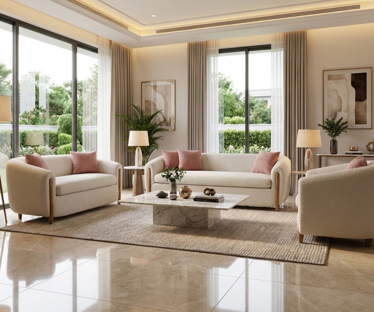 CANDACE cream boucle sofa set in a bright living room with a garden view