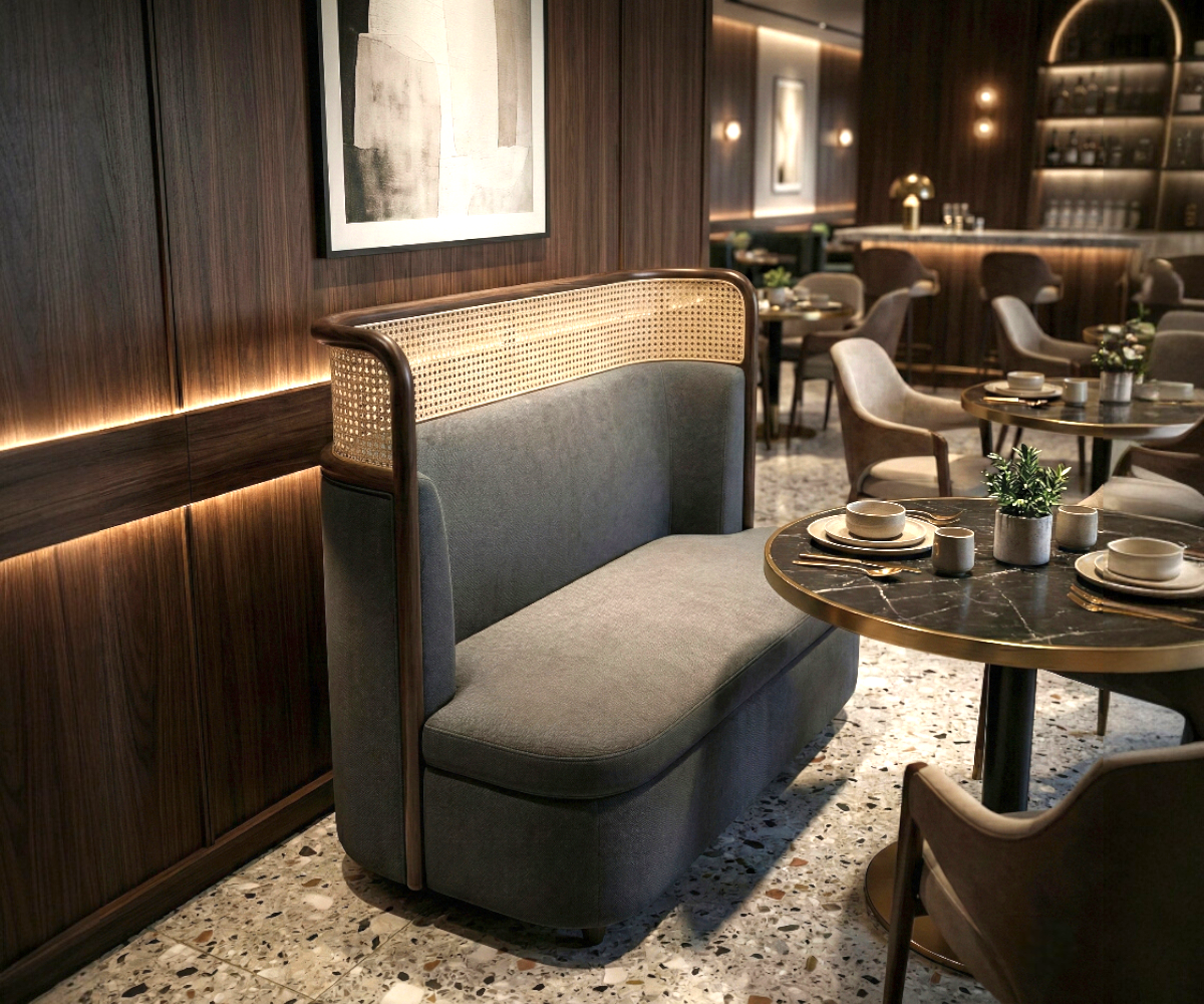 Cane cocoon loveseat in a warm-lit restaurant beside a marble bistro table