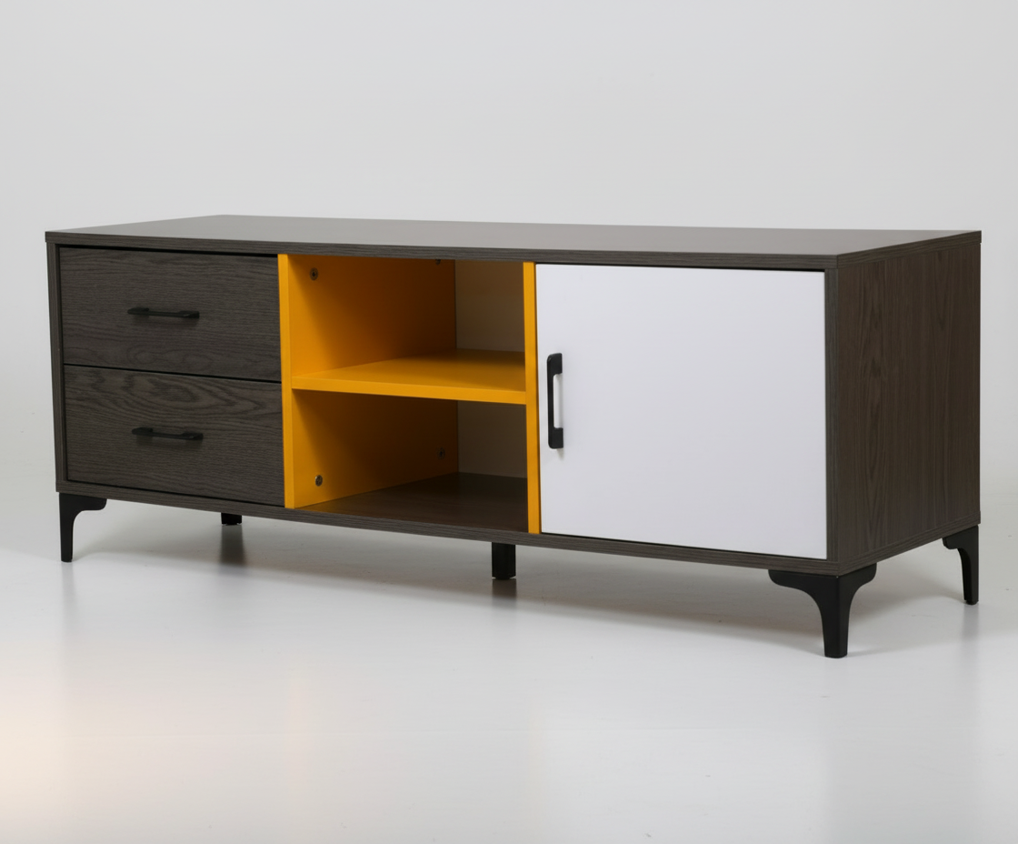 CANNES-906 modern TV console, angled view with yellow shelf and white door