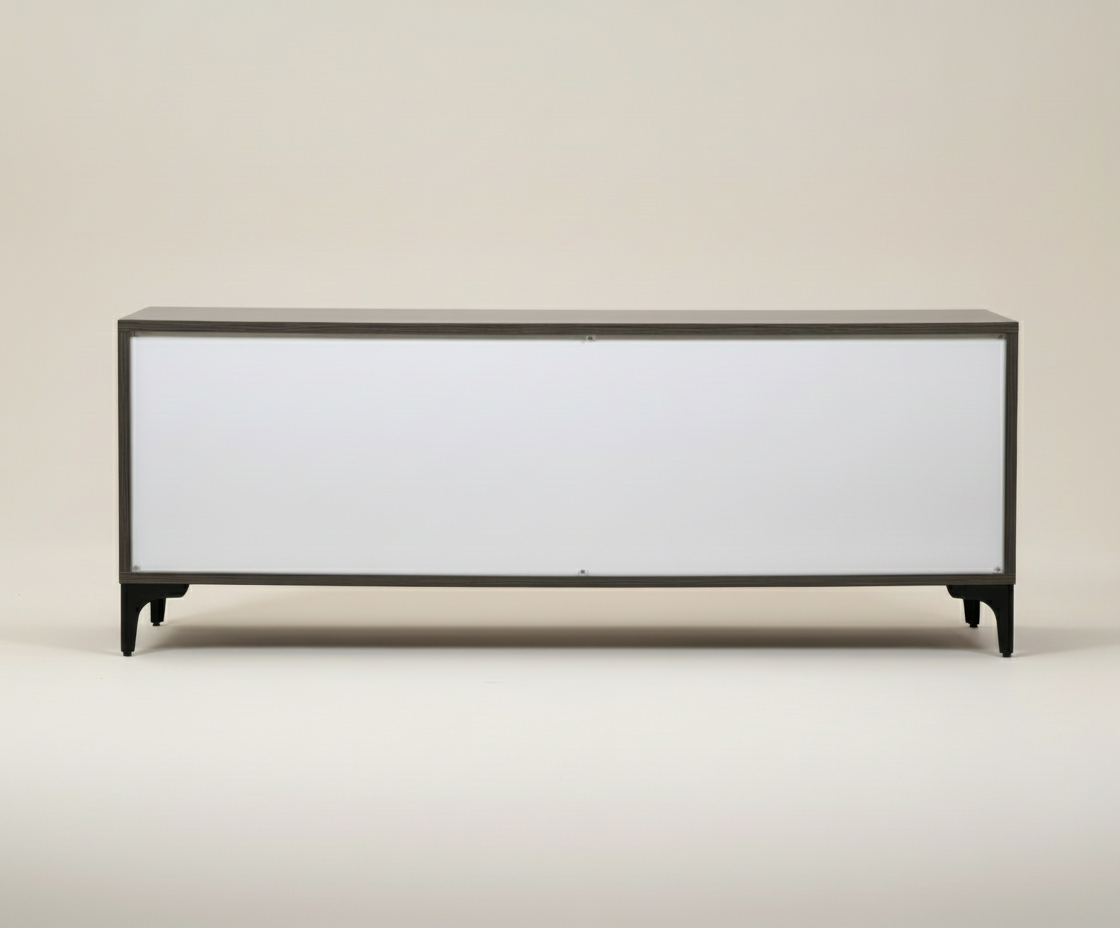 CANNES-906 modern TV console, angled view with yellow shelf and white door
