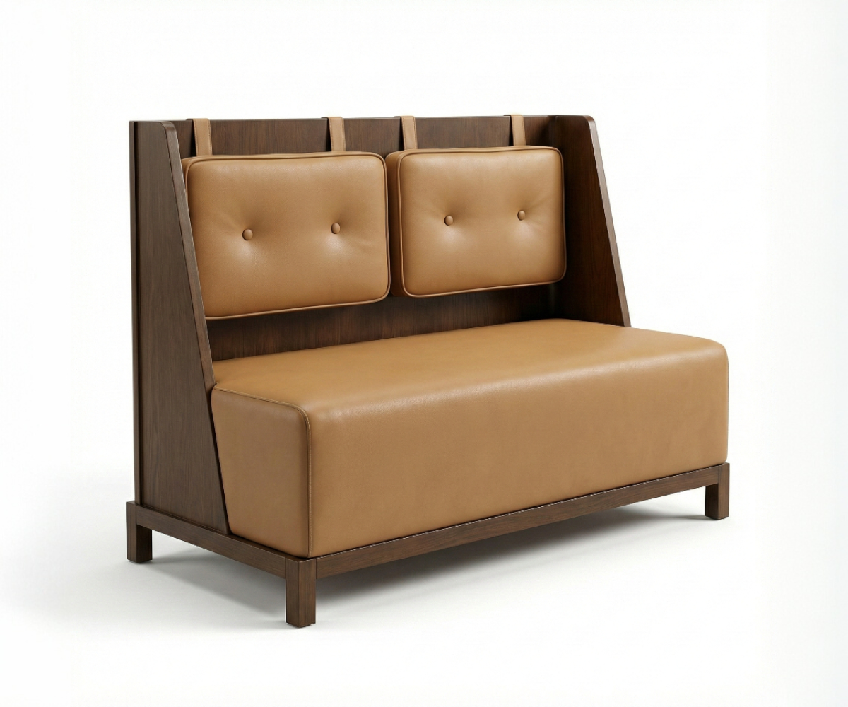 Caramel tufted privacy booth in a warm restaurant beside a marble wall