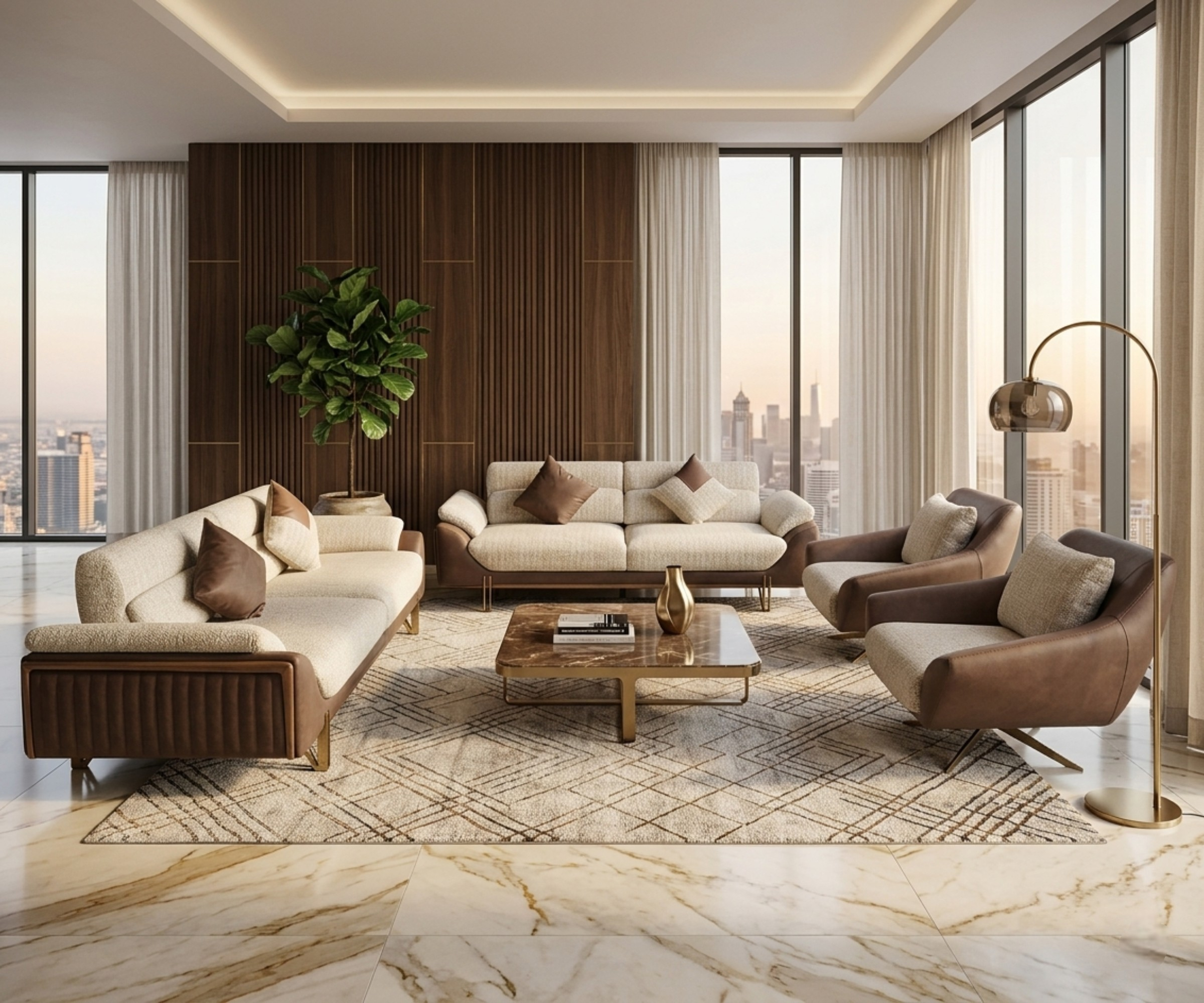 Carmen cream fabric sofa set in a marble-floored city-view living room
