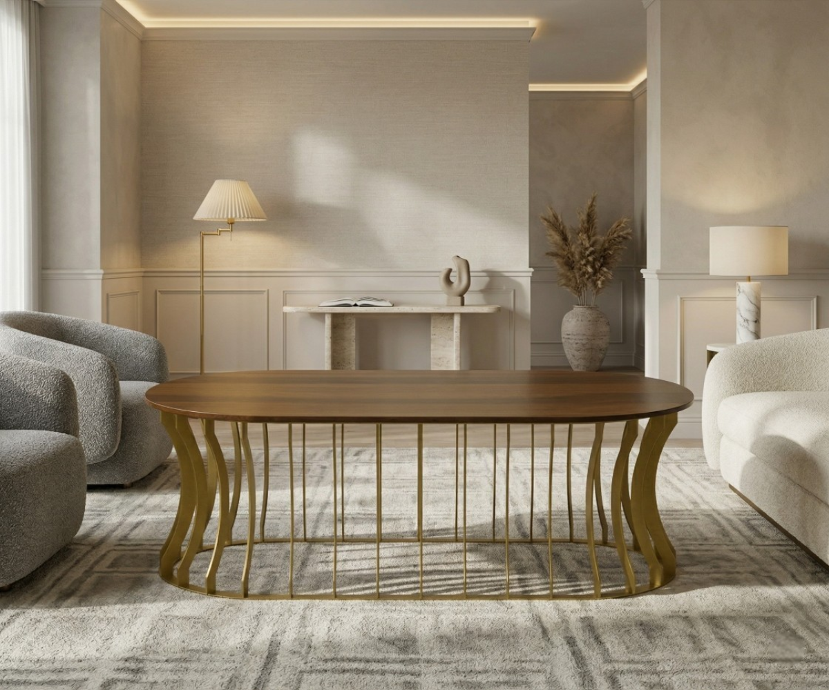 Carmen Orta walnut oval table in a bright panelled living room