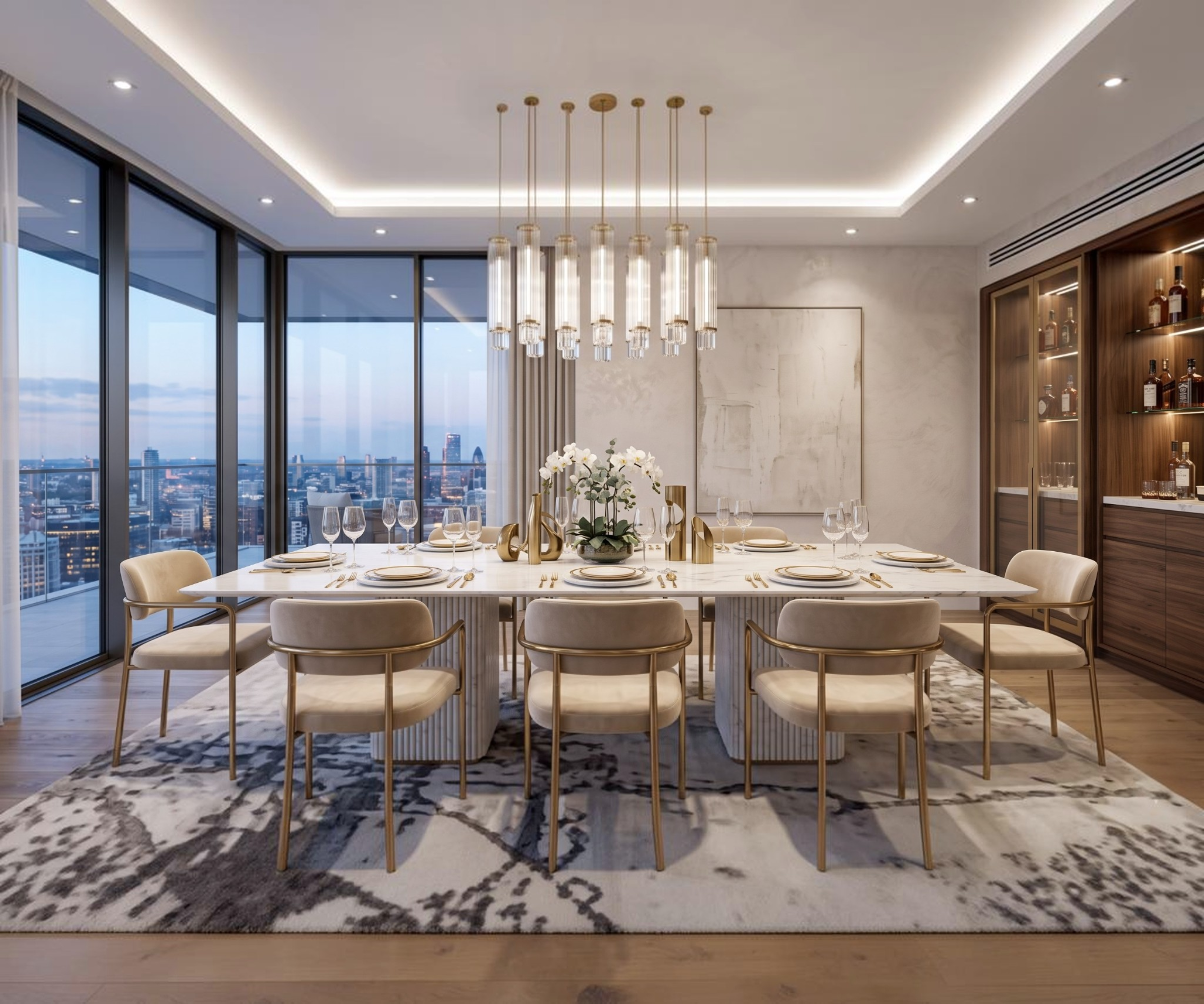 Carrara dining table in a city-view dining room with a linear chandelier