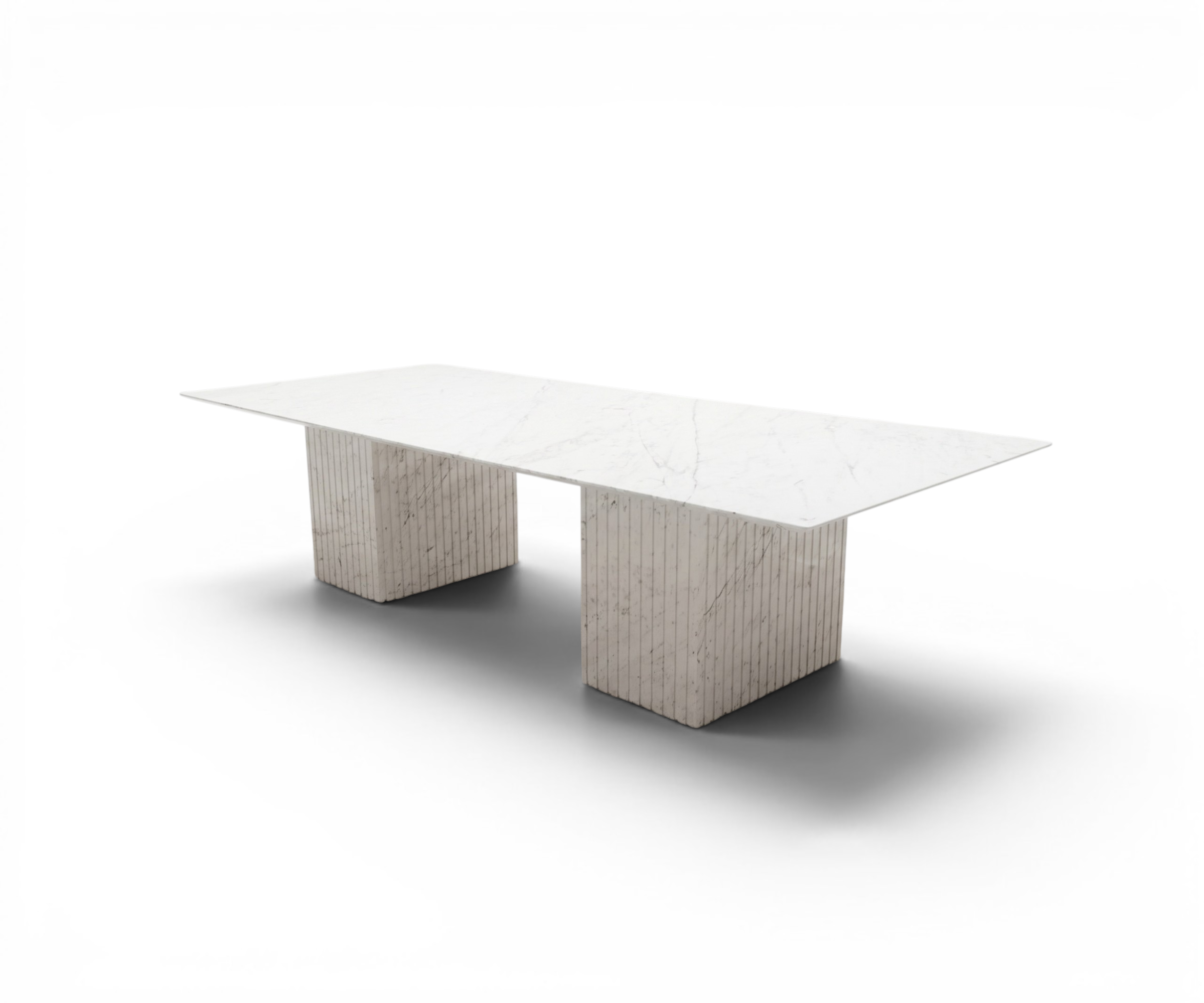 Carrara dining table in a city-view dining room with a linear chandelier