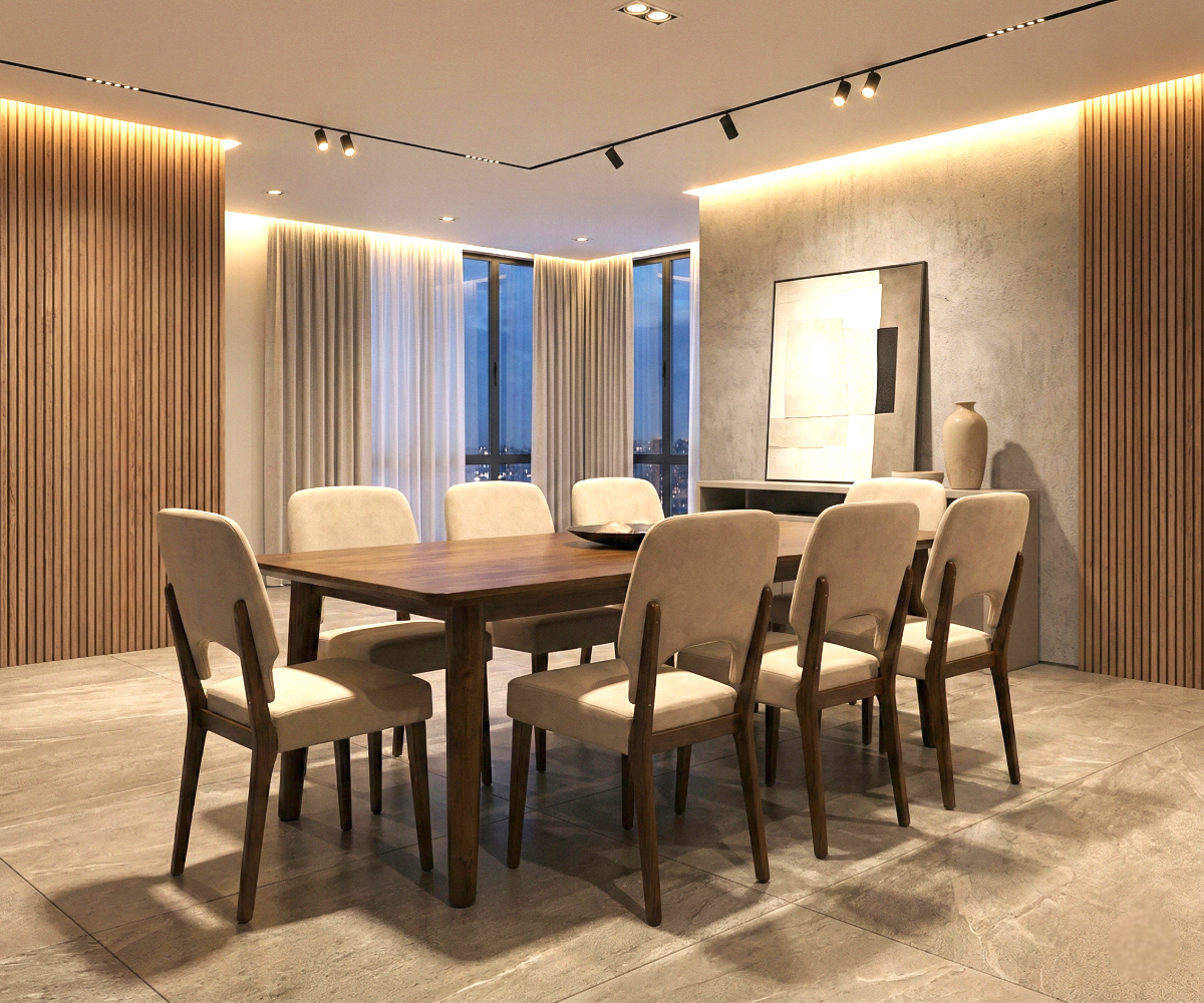 CARTER walnut and cream 8-seater dining set in a lit wood-panelled room