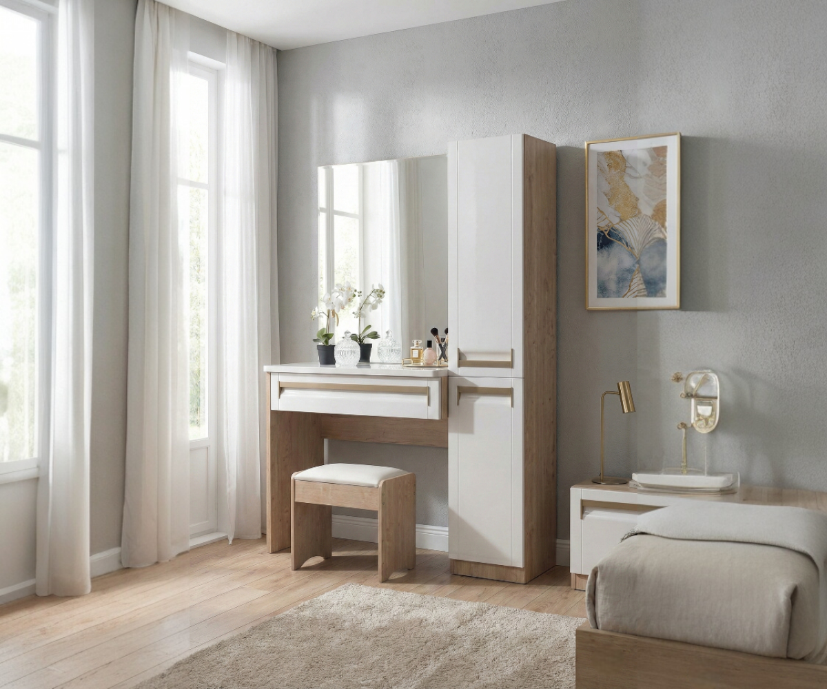 Casa-Q13 modern white vanity in a bright bedroom beside tall windows