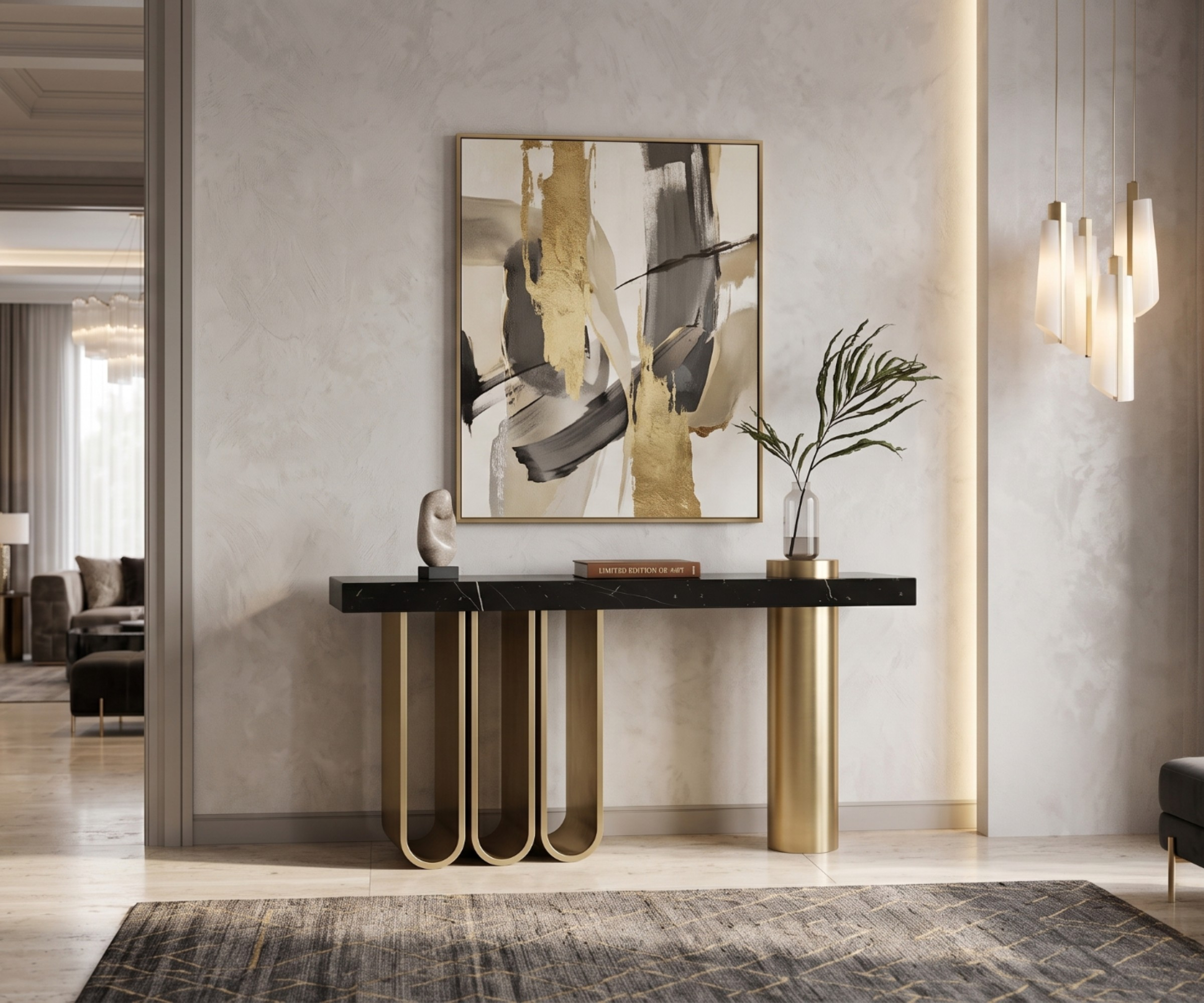 CG-23 black gold console beneath artwork in a bright hallway