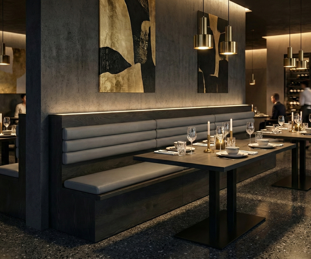 Channel back banquette running along a wall in a dark modern restaurant