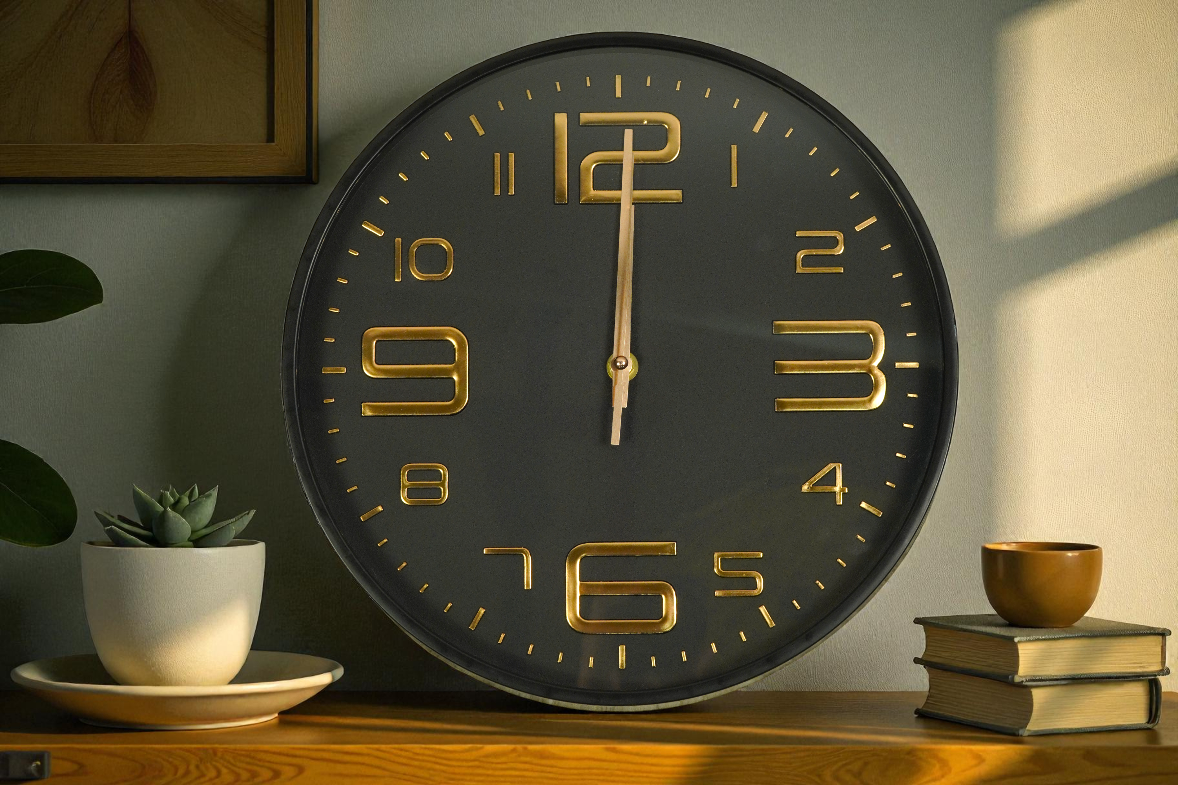 Charcoal gold numeral wall clock on a shelf beside a plant and books