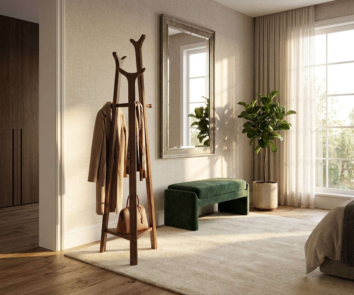 COAT HANGER-803 in a bright bedroom beside a mirror and green bench