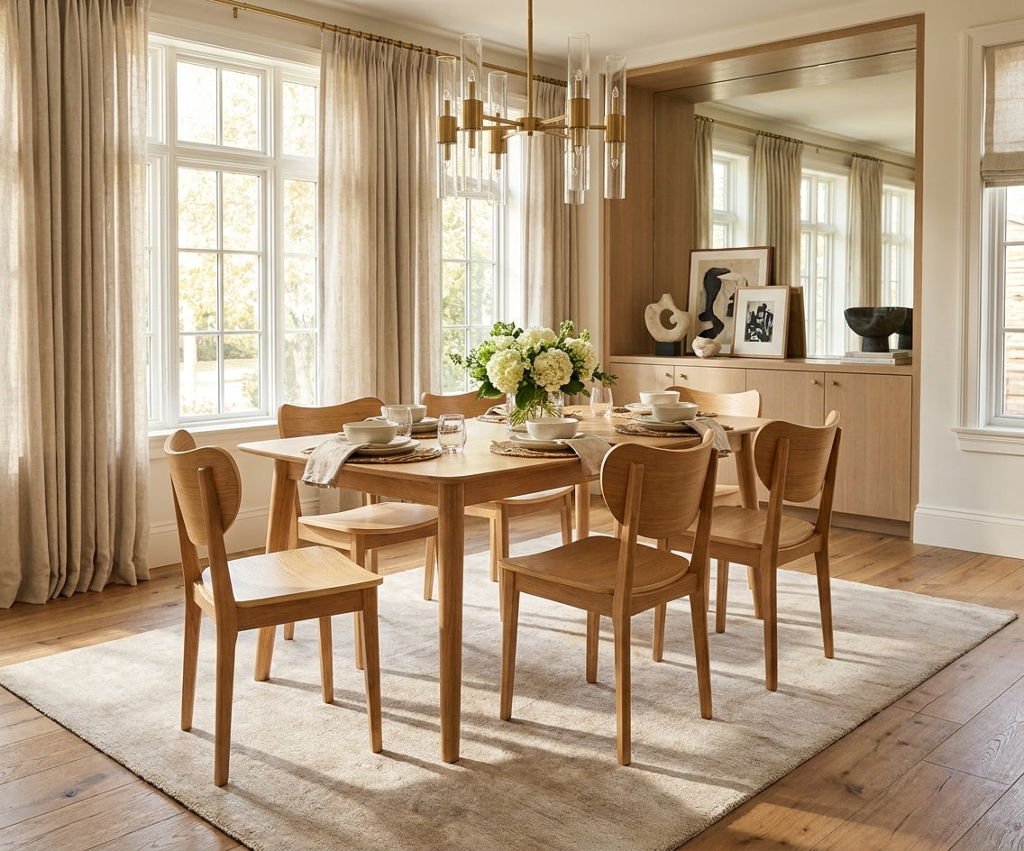 COLBY dining set in a sunlit dining room with a brass chandelier
