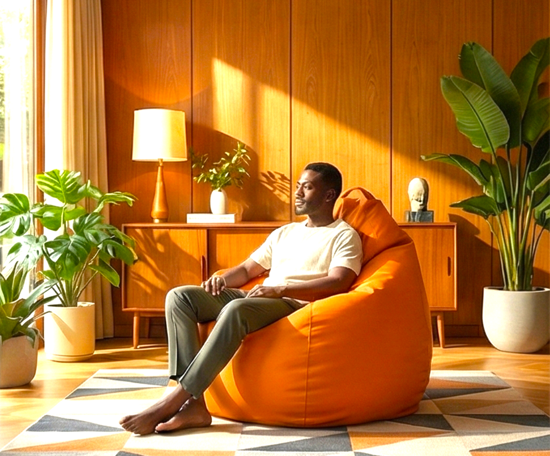 Contemporary chic bean bag in orange, with a person seated in a warm room