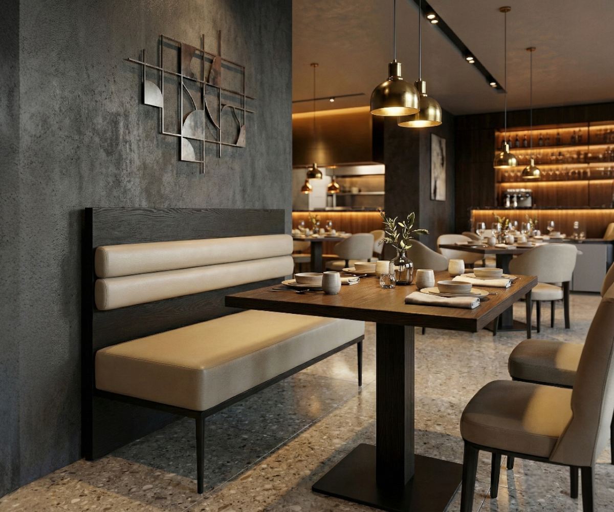 Contour banquette in a lit restaurant beside a terrazzo floor and open kitchen