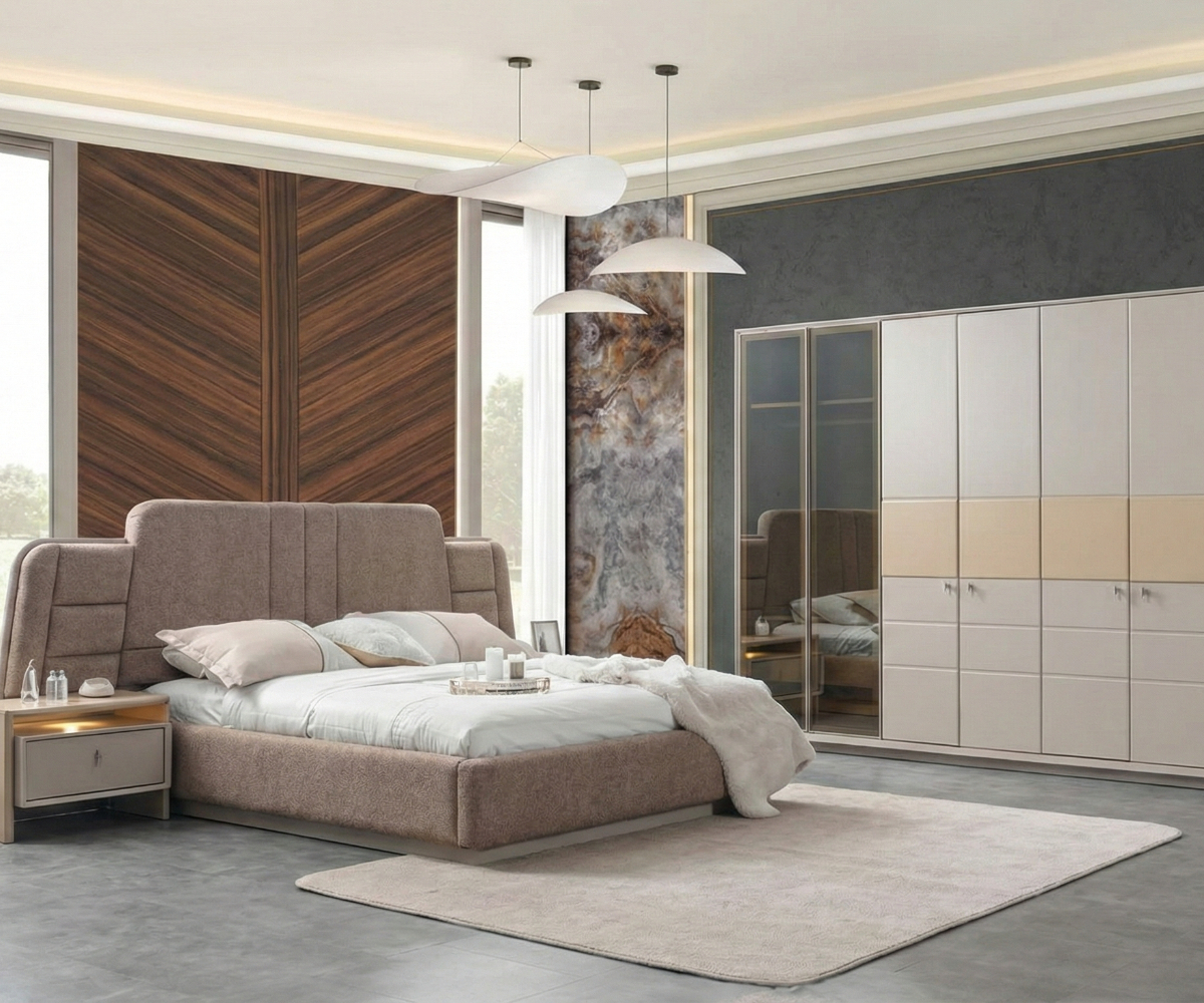 COSTA panoramic fluted bedroom set staged in a walnut-panelled room