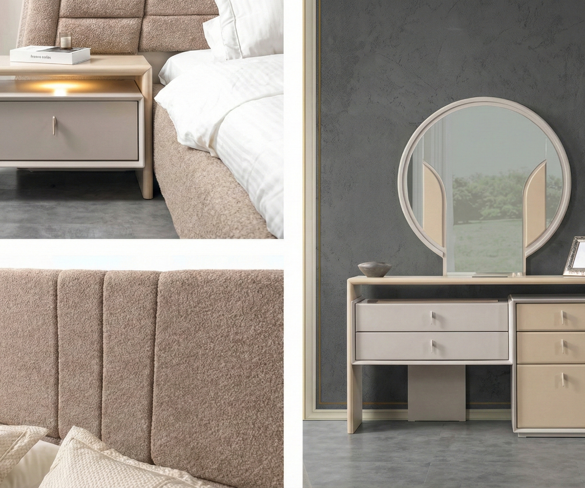 COSTA panoramic fluted bedroom set staged in a walnut-panelled room