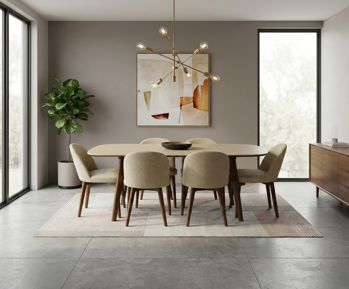 CRATOS bi-tonal scandi dining set in a grey room with a sputnik chandelier