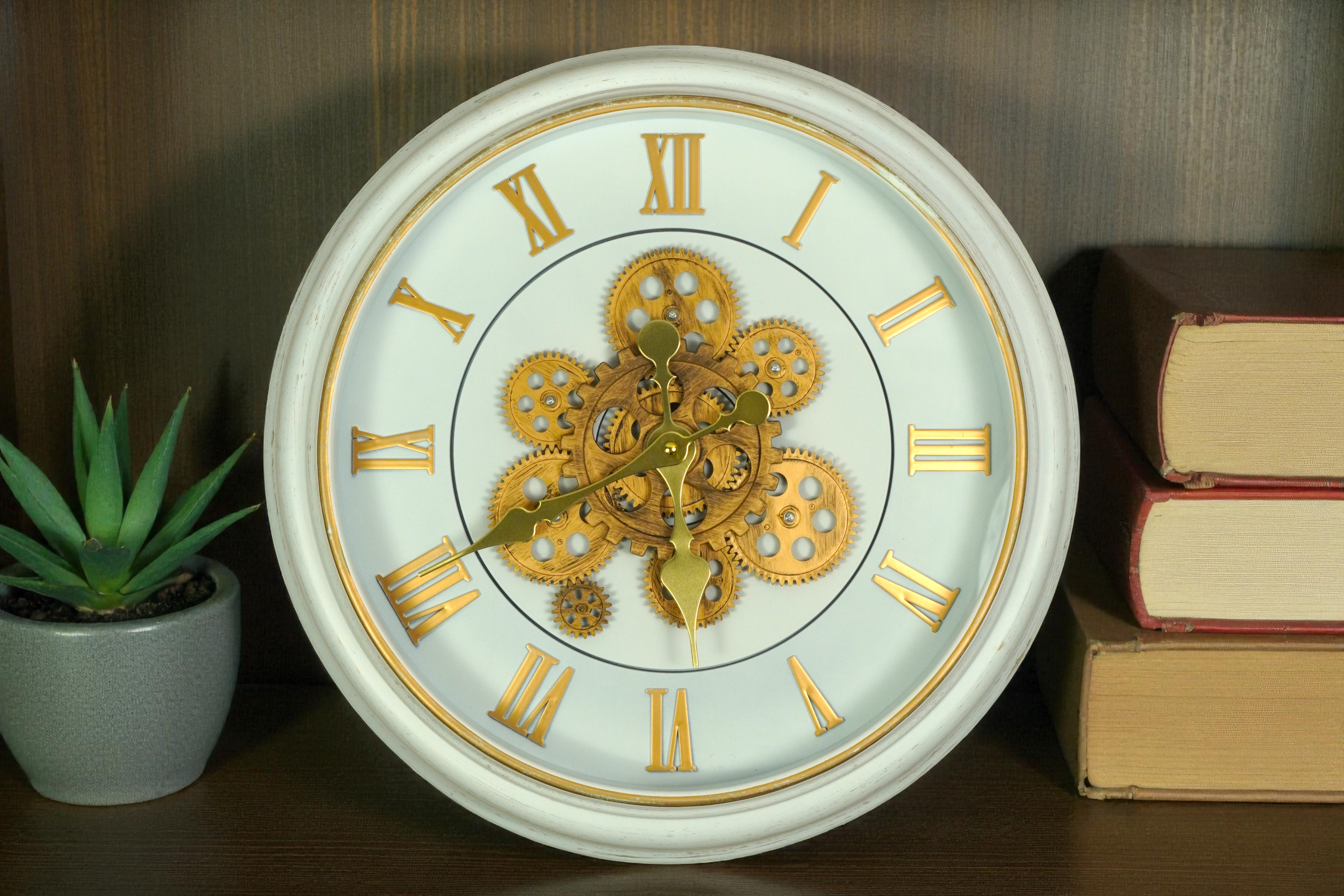 Cream gold gear skeleton wall clock on a shelf beside books and a succulent