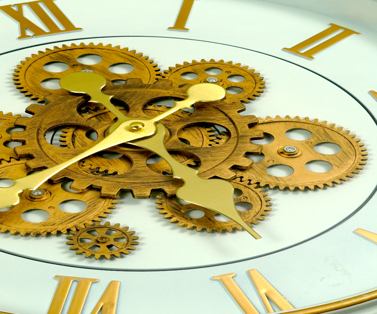Cream gold gear skeleton wall clock on a shelf beside books and a succulent