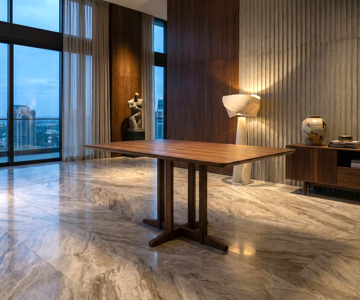 Cross base dining table in a city-view dining room with fluted panelling