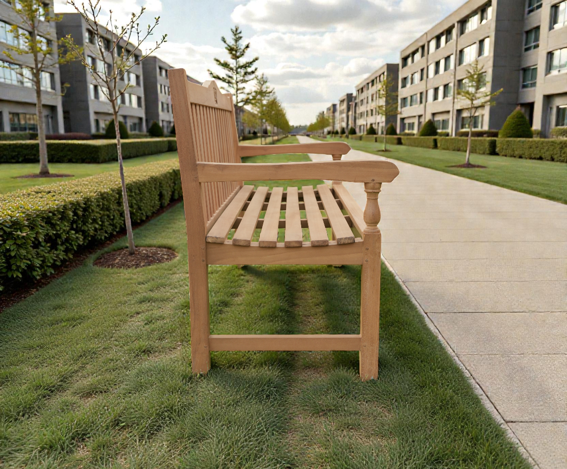 Crown garden bench, side view of a slatted teak bench beside a garden path