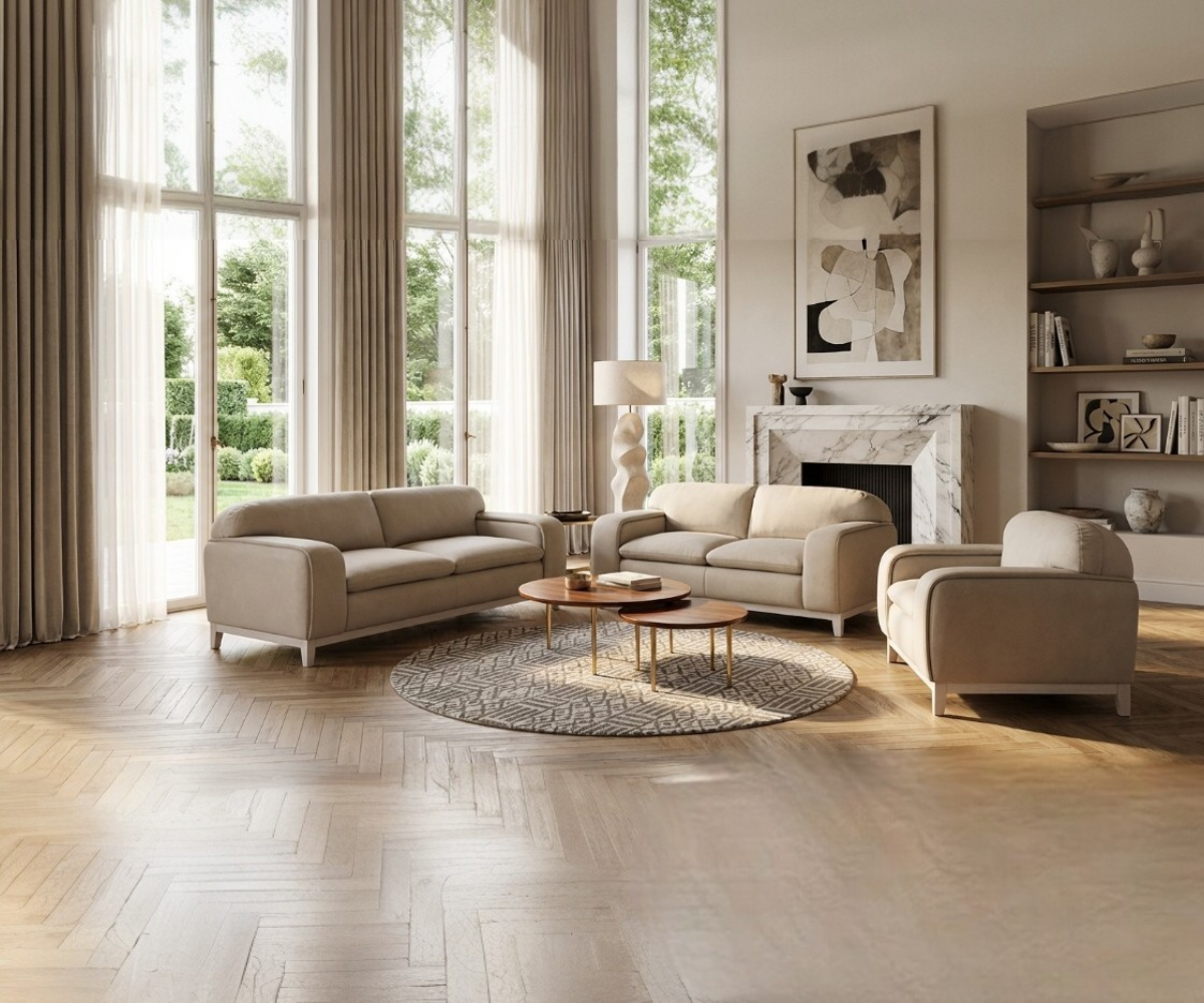 CRUZ stone ash sofa set in a bright living room with a marble fireplace