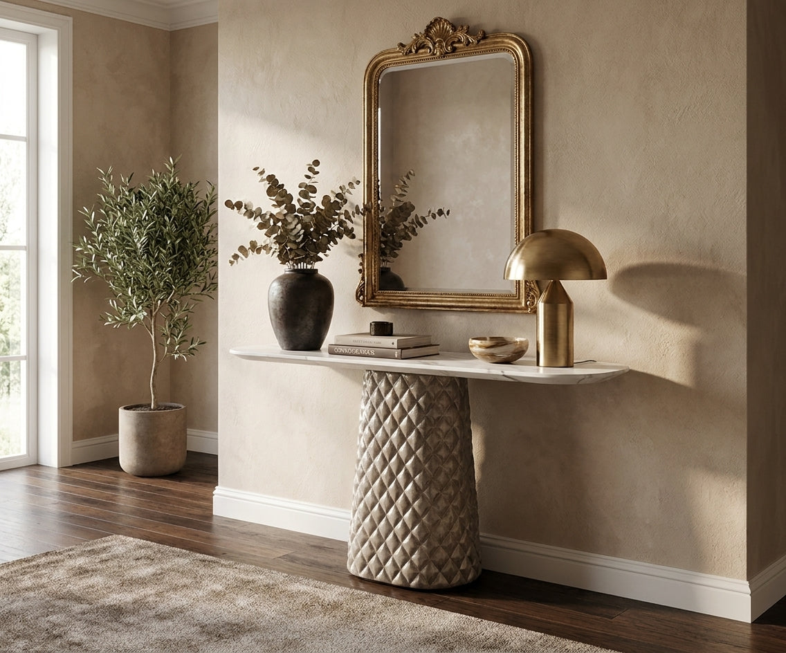 CS15 silver pillar console beneath a gilt mirror in a warm hallway