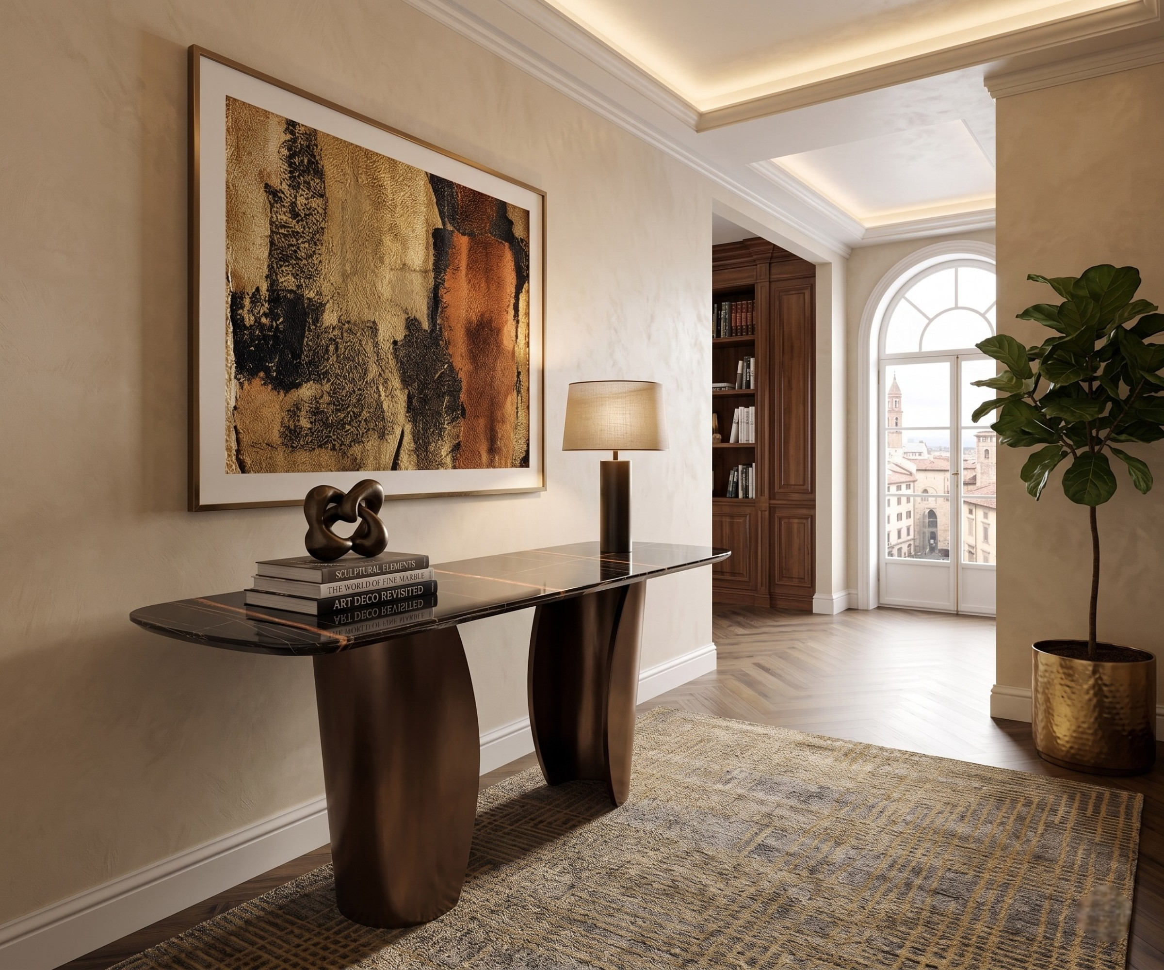 CS16 black modern console beneath artwork in a bright hallway