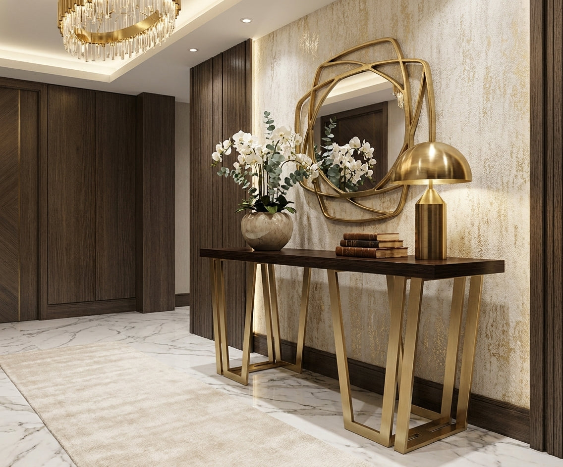 CS17 geometric gold console beneath a gold mirror in a panelled hallway