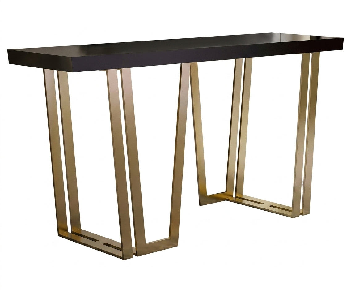 CS17 geometric gold console beneath a gold mirror in a panelled hallway