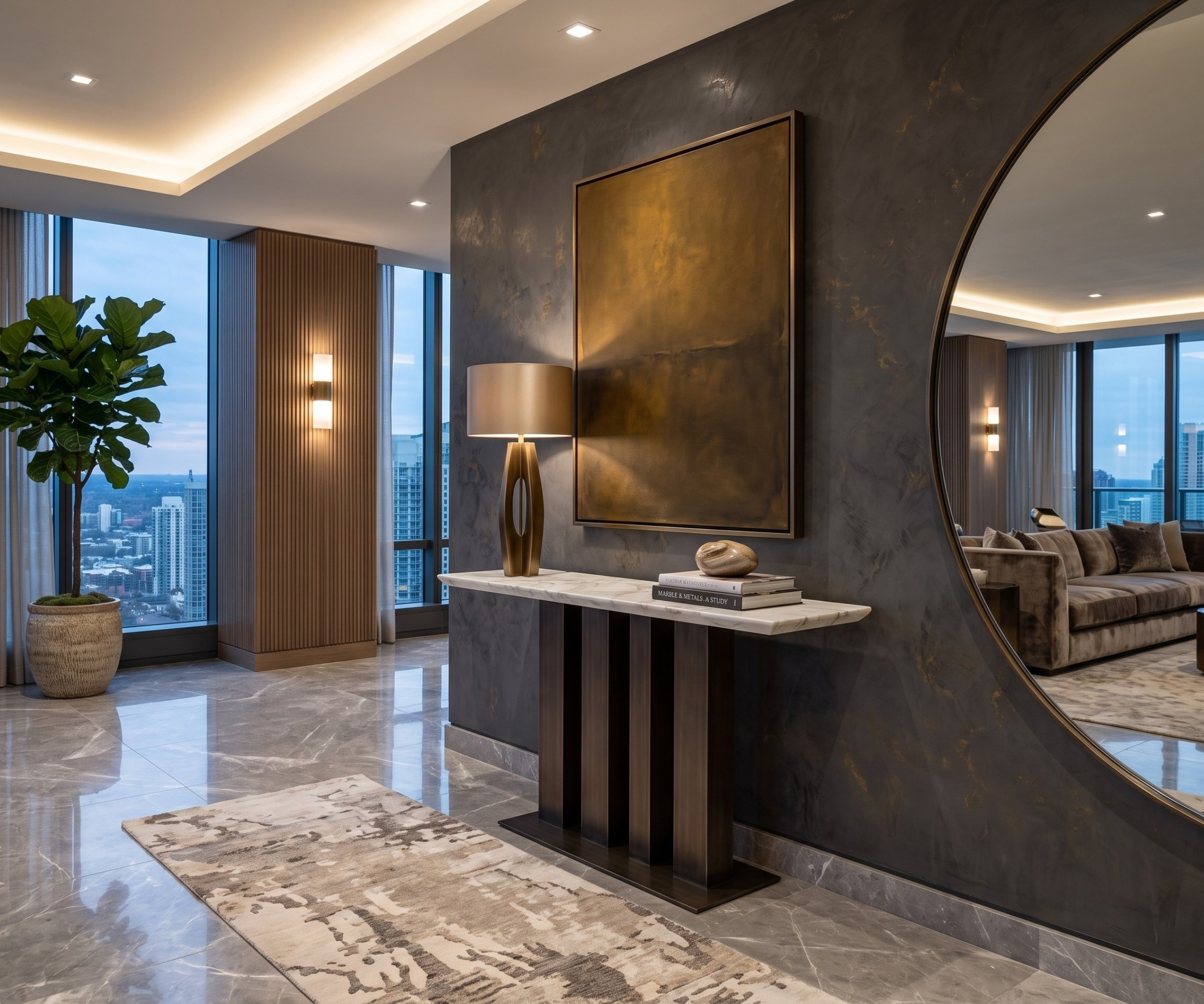 CS18 dark fluted console beneath a round mirror in a dark-panelled hallway