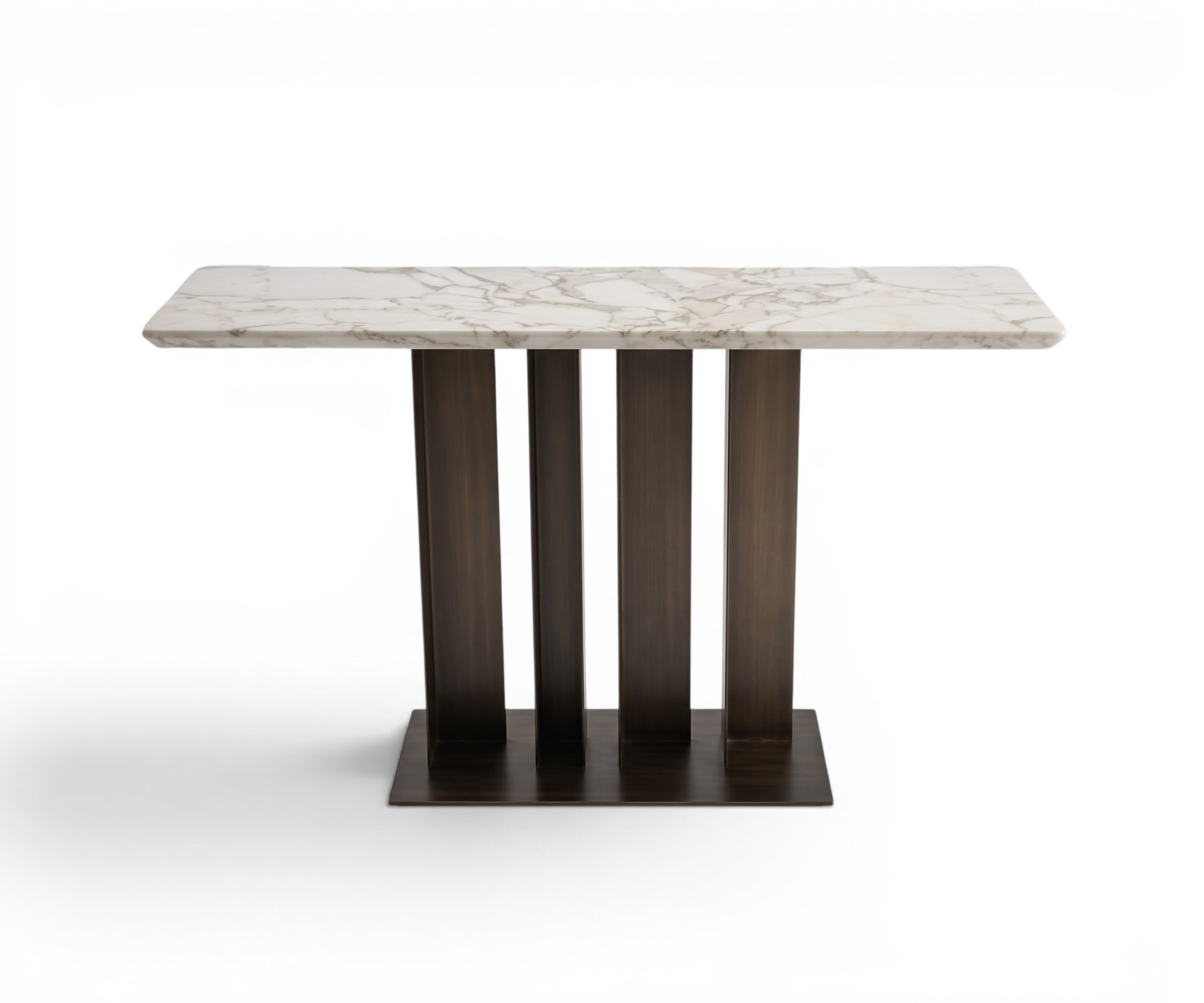 CS18 dark fluted console beneath a round mirror in a dark-panelled hallway