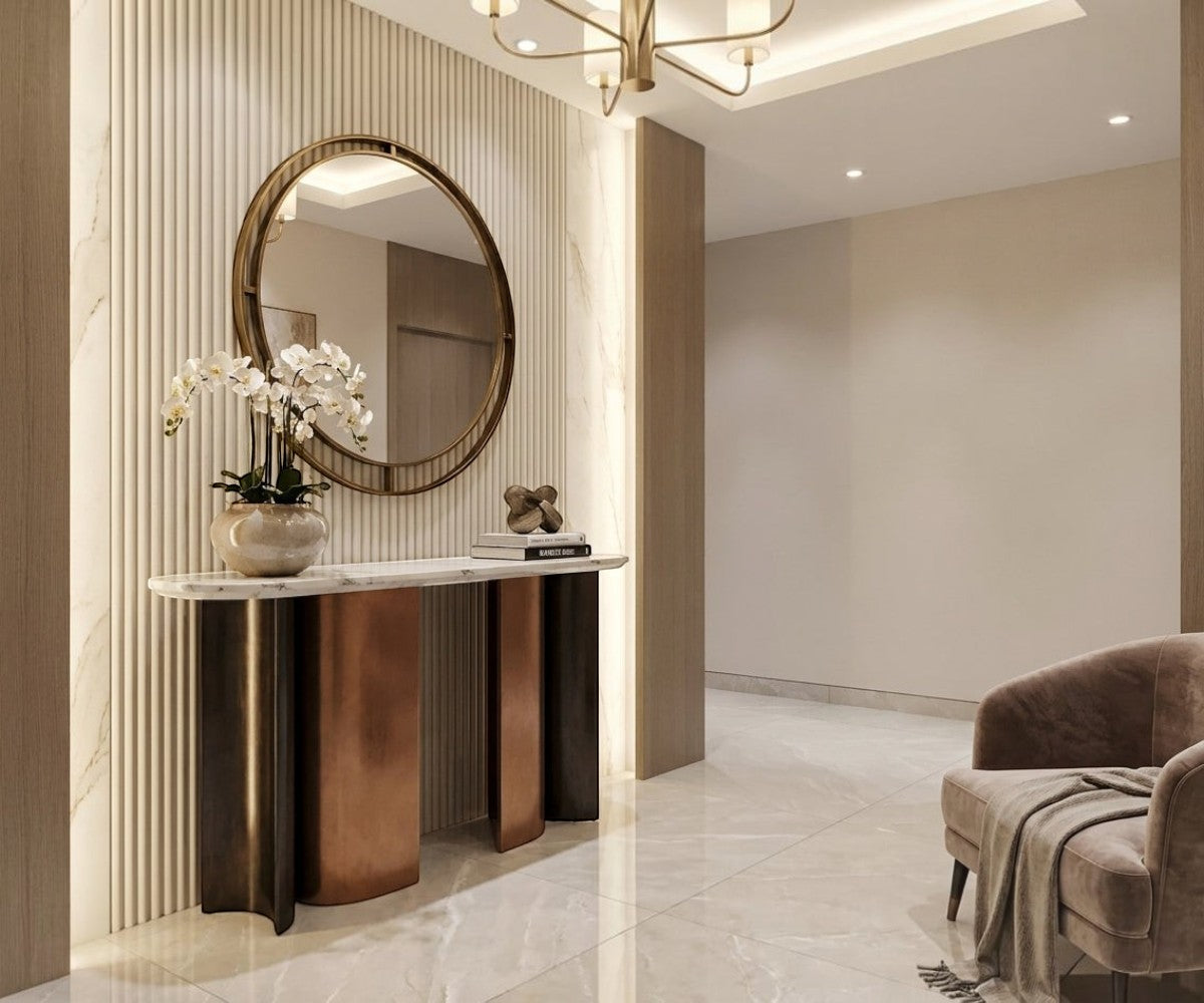 CS19 oval ribbed console beneath a round mirror in a slatted-wood hallway