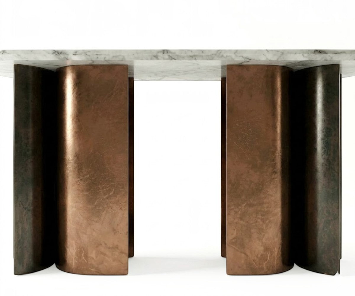 CS19 oval ribbed console beneath a round mirror in a slatted-wood hallway