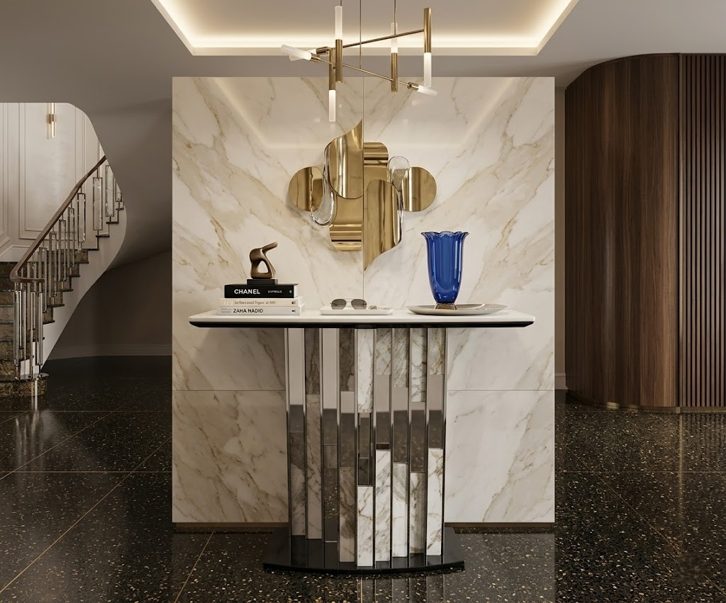 CS20 silver marble console beneath a gold wall sculpture in a marble hallway