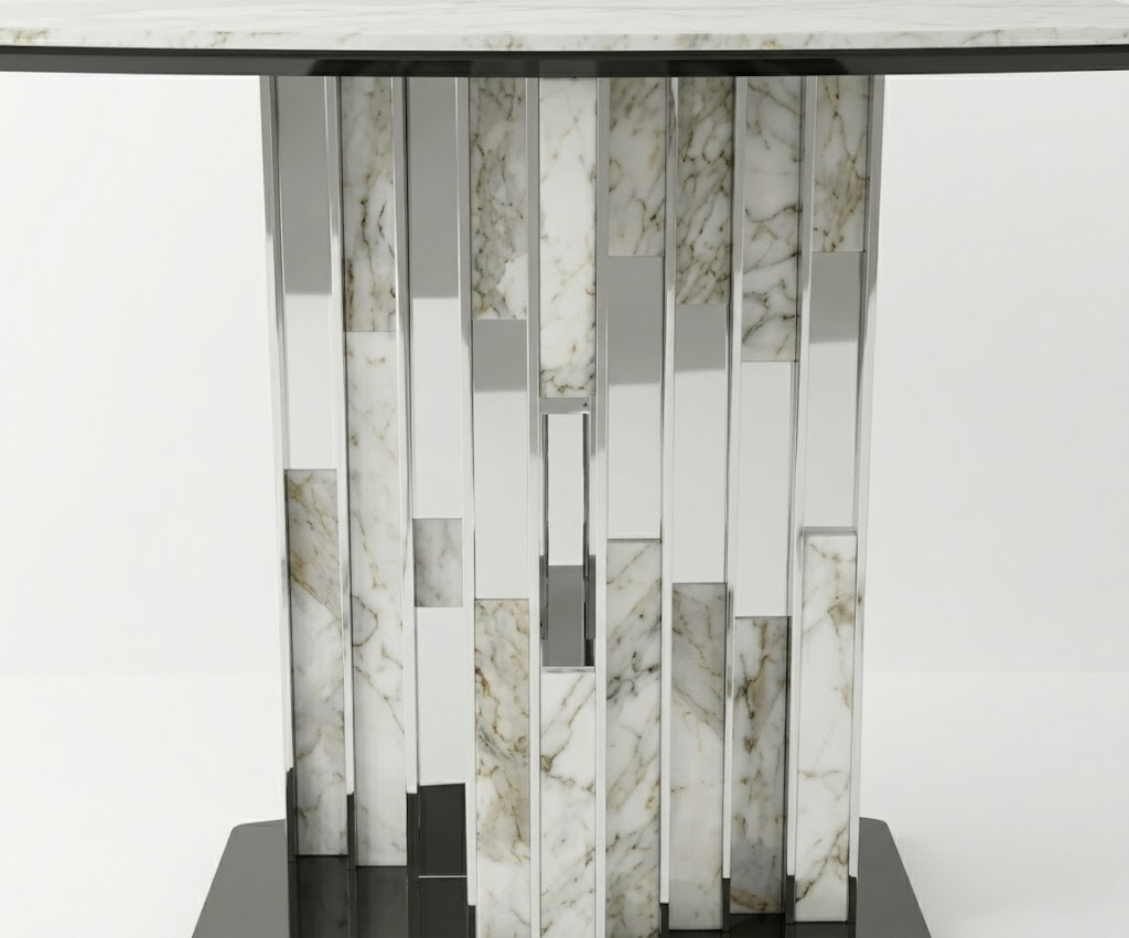 CS20 silver marble console beneath a gold wall sculpture in a marble hallway