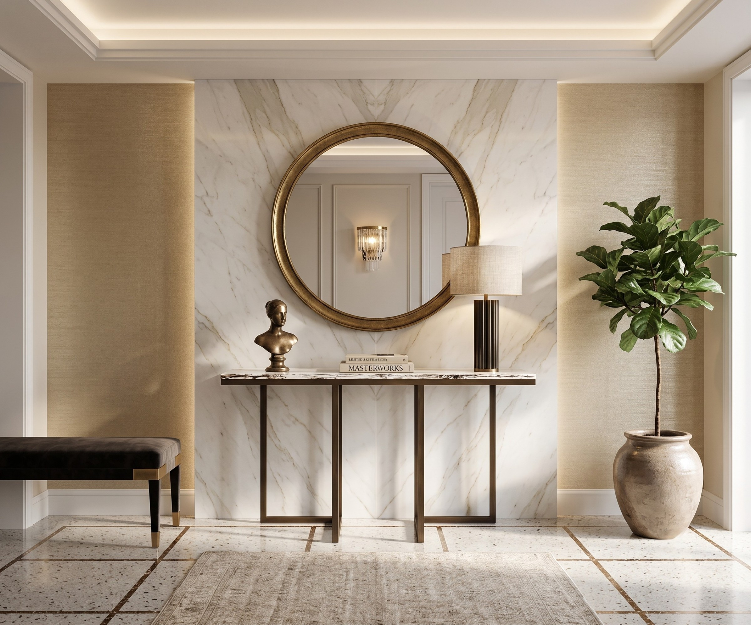CS21 gold marble console beneath a round gold mirror in a bright hallway
