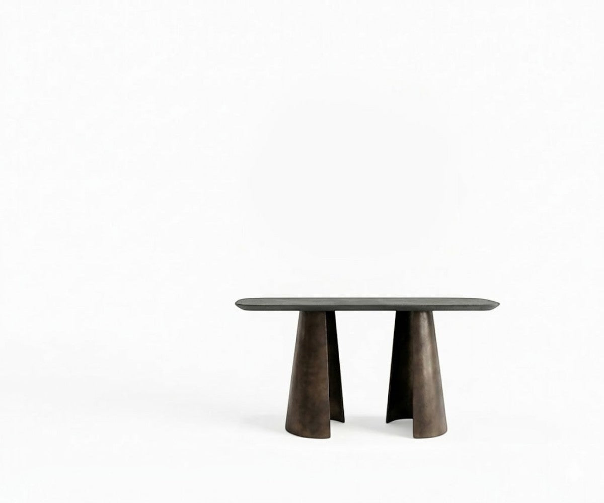 CS22 black top console beneath a round gold mirror in a bright hallway