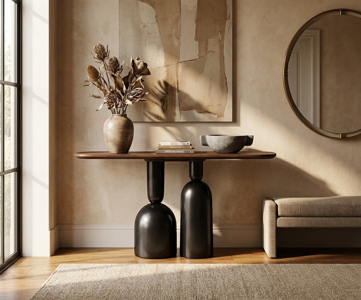CS23 dark wood console beneath a round mirror in a warm plaster hallway