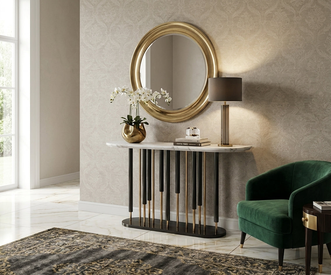 CS24 black ribbed console beneath a gold mirror in a bright hallway