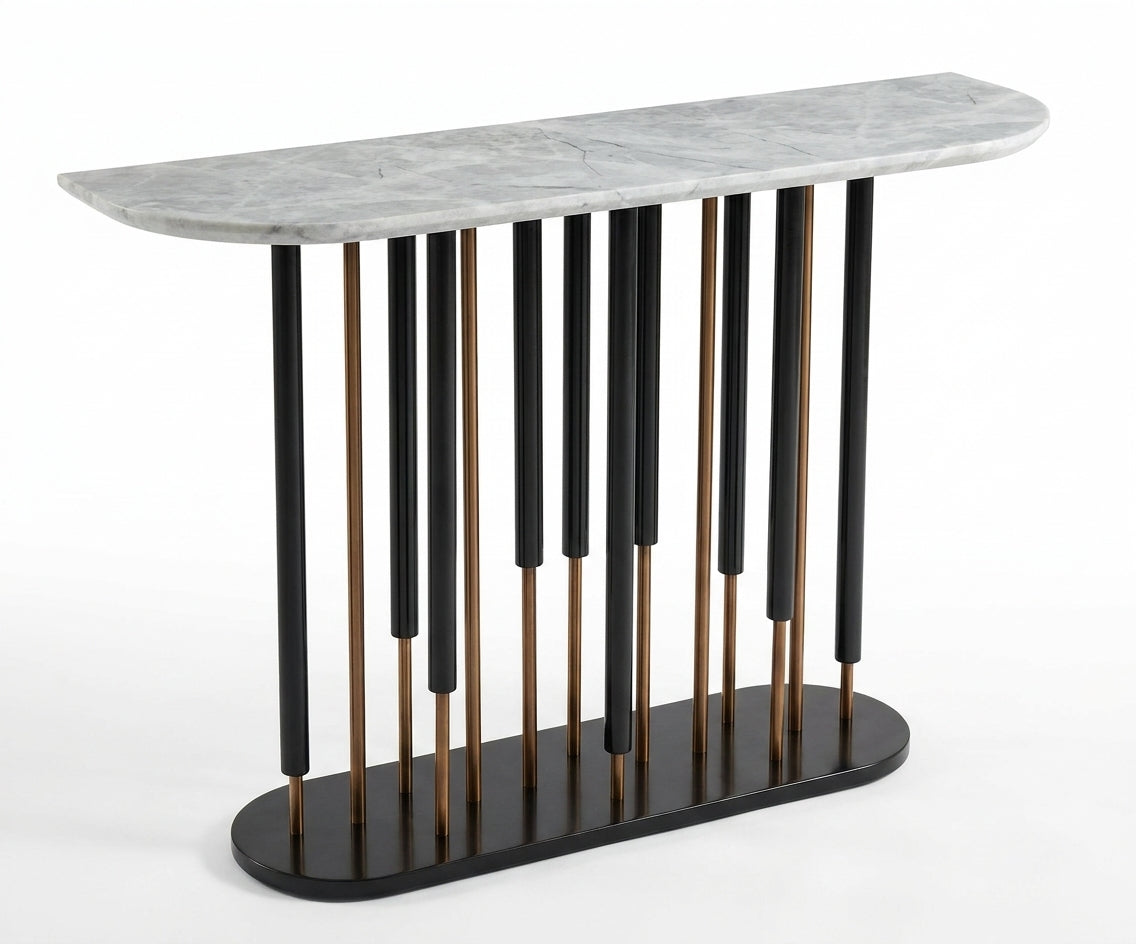 CS24 black ribbed console beneath a gold mirror in a bright hallway