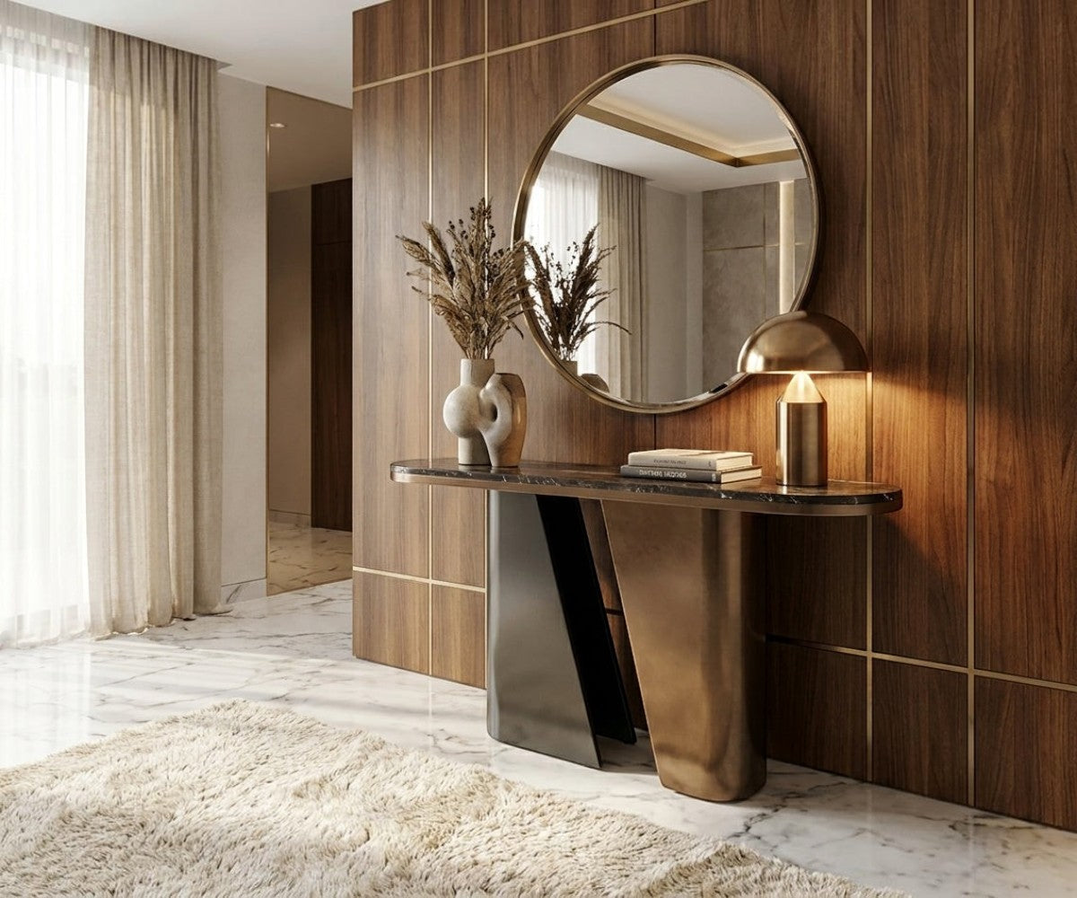 CS25 two tone console beneath a round mirror in a walnut-panelled hallway