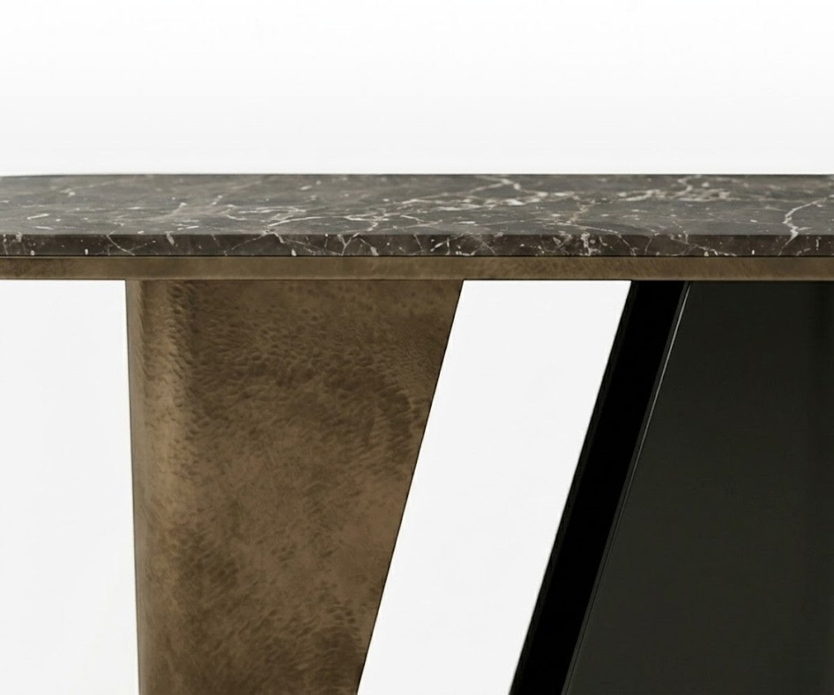 CS25 two tone console beneath a round mirror in a walnut-panelled hallway