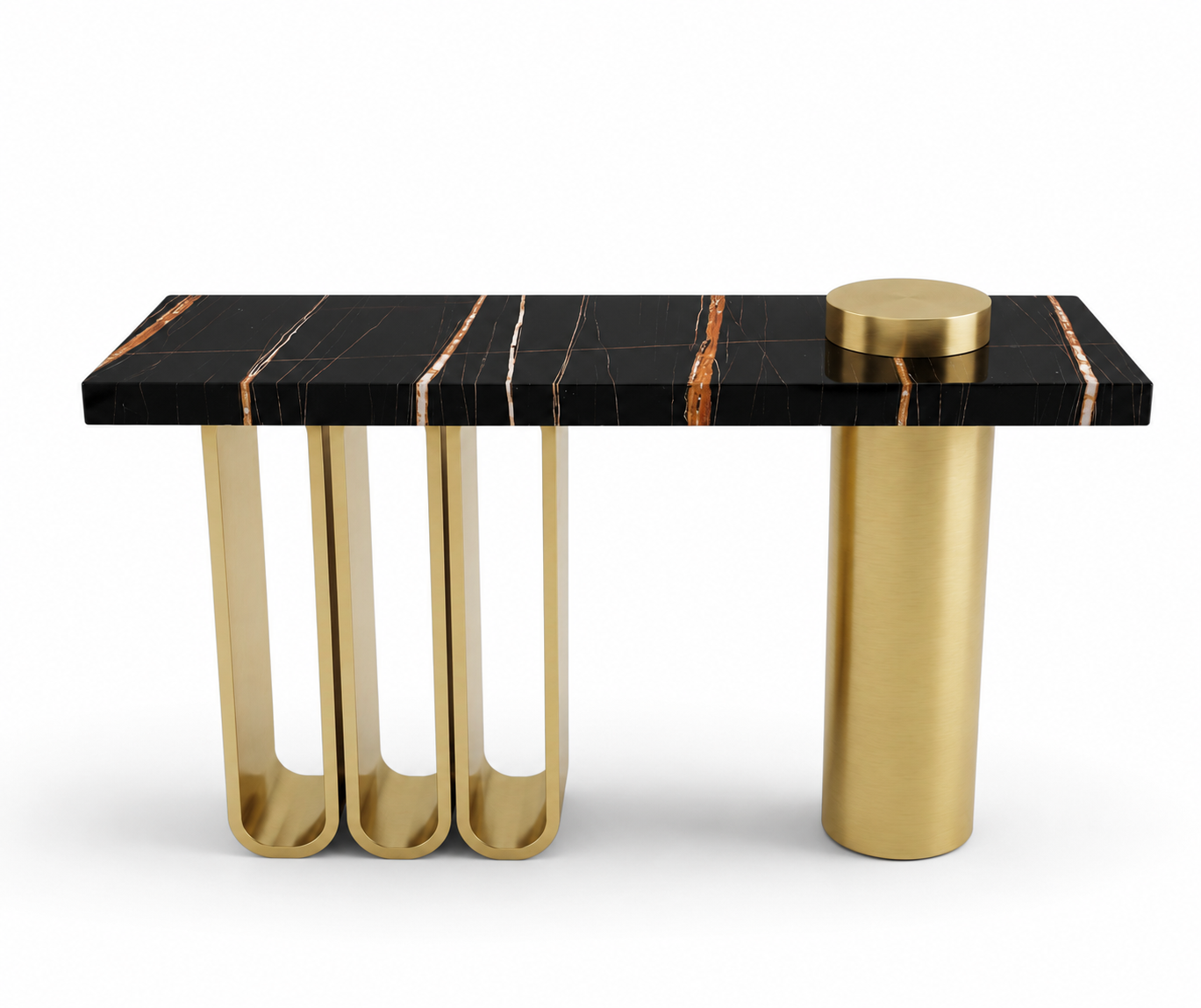 CS26 black gold console in a hotel lobby with a city view
