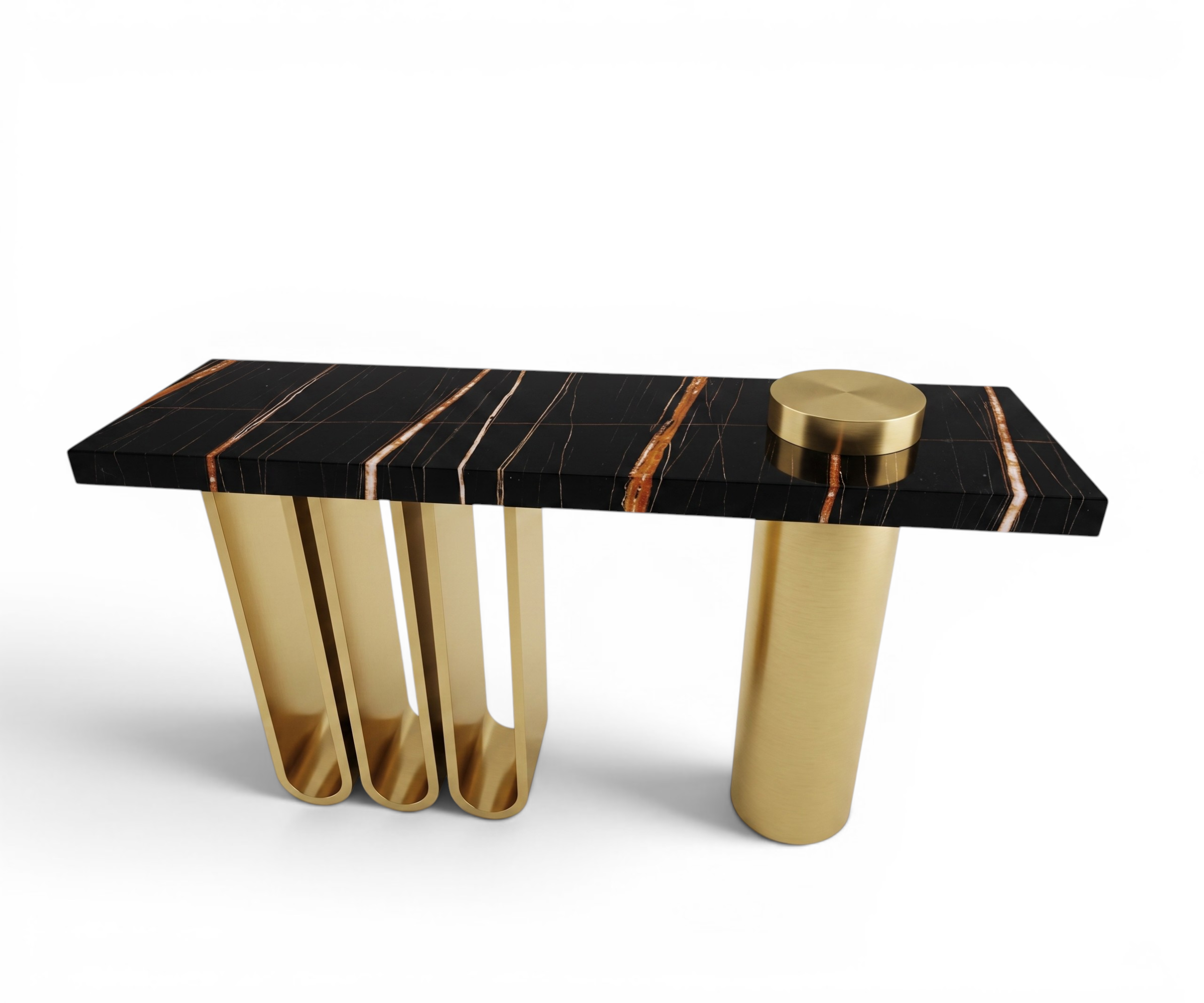 CS26 black gold console in a hotel lobby with a city view