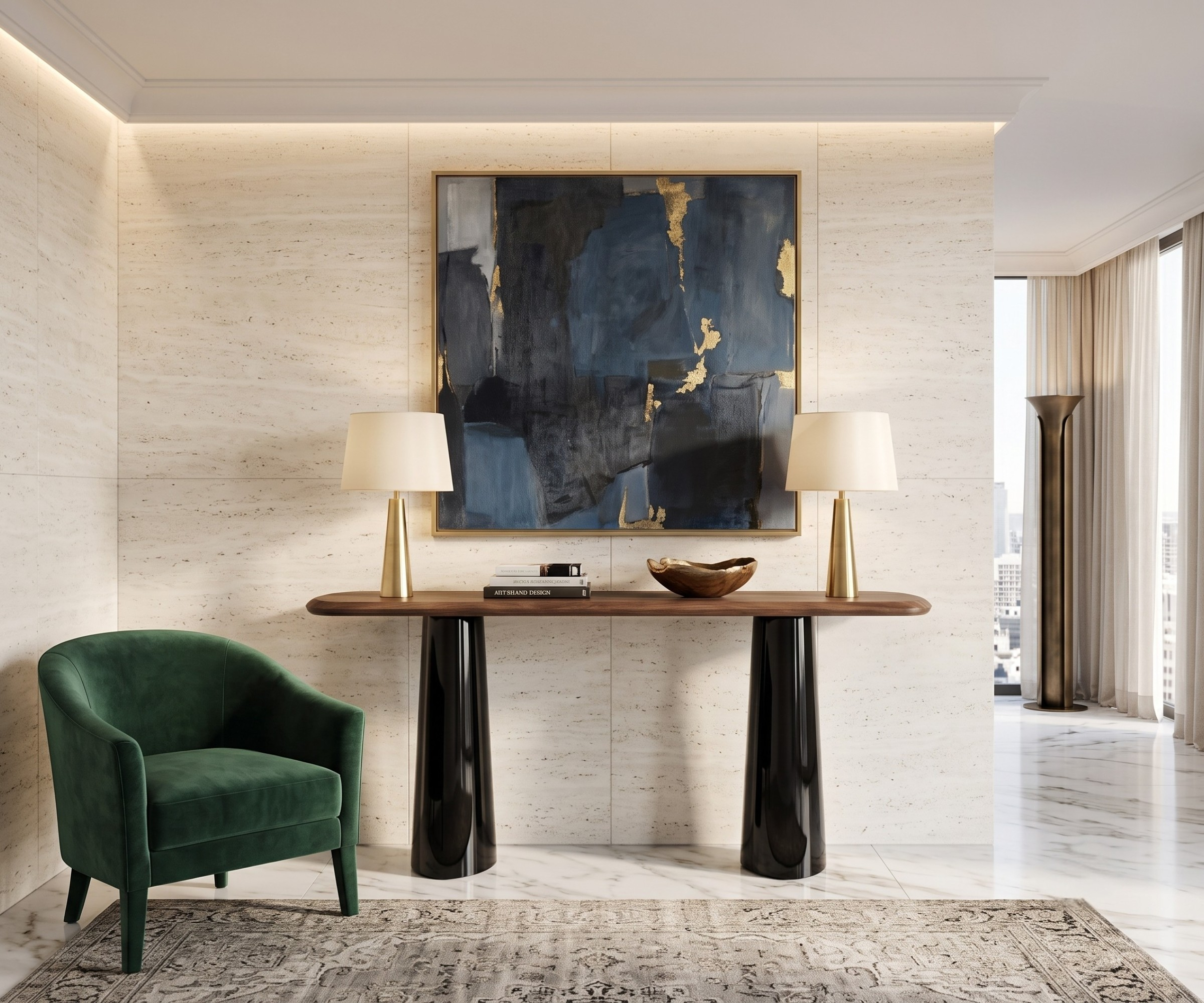 CS27 grey marble console beneath artwork beside a green armchair