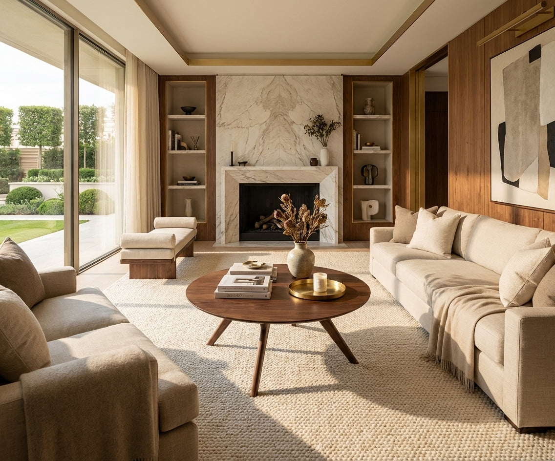 CT-81 round walnut table in a bright room with a marble fireplace