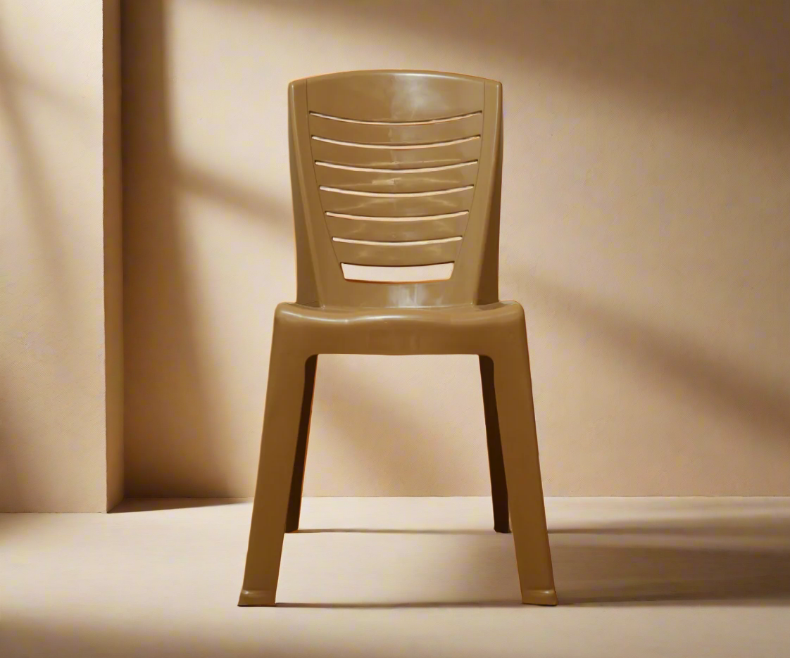 CT004-A beige slat-back plastic chair, front view against a warm wall