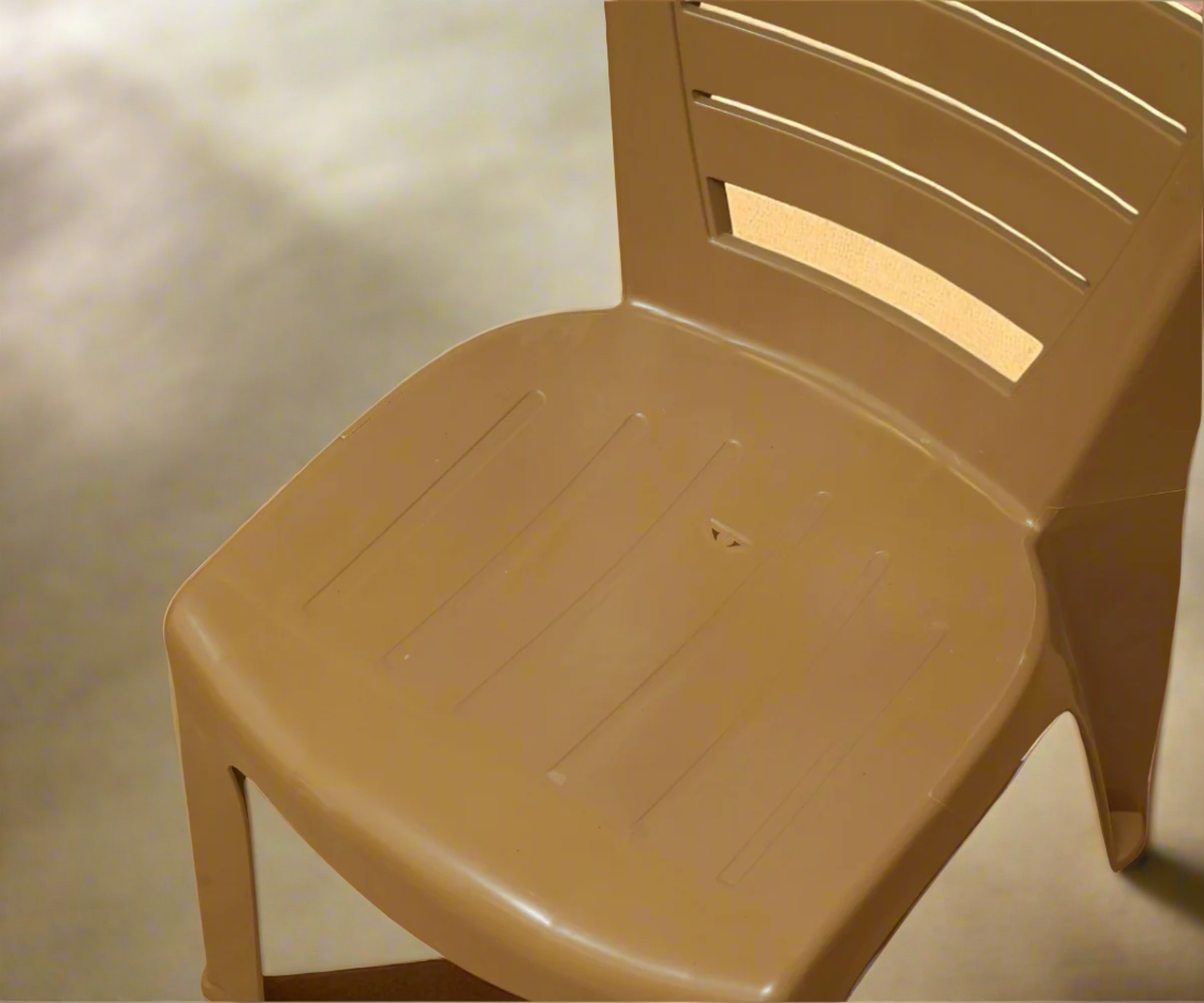CT004-A beige slat-back plastic chair, front view against a warm wall